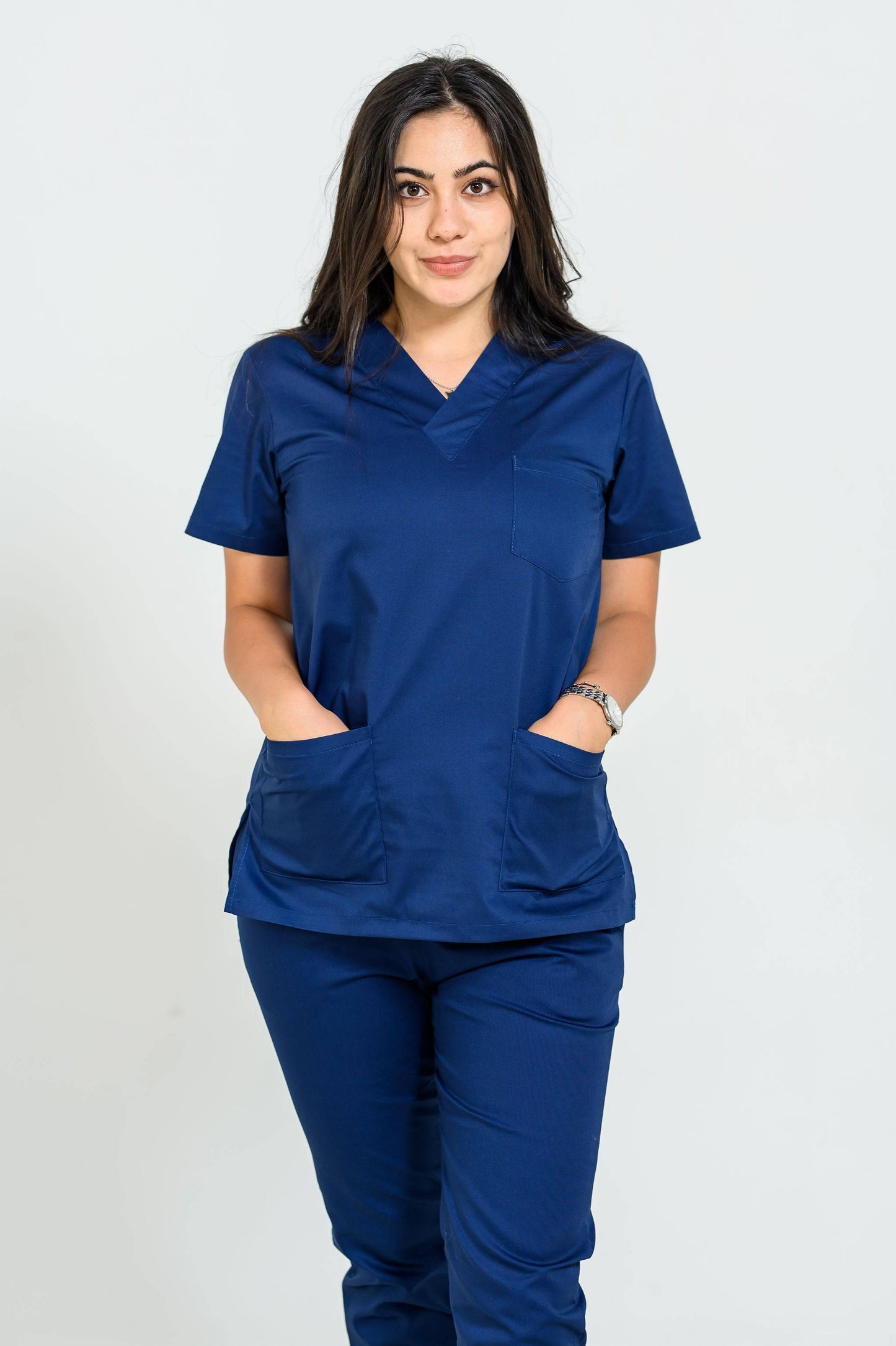 Bluza Medicala Femei cu guler V - Navy - vedere totala - Akitex