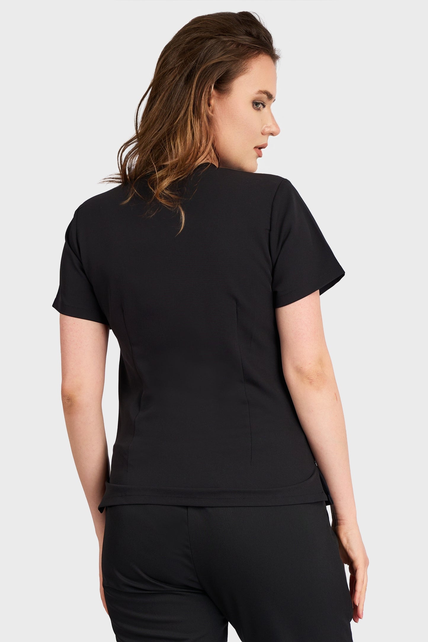 Costum medical din Bluza Medicala Rafaelas si Pantaloni Medicali cu elastic si snur STRETCH - Negru - vedere spate - material elastic - Akitex