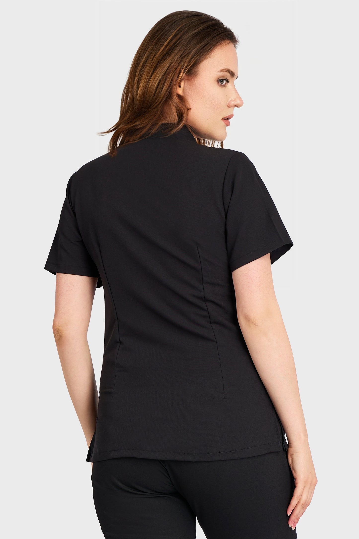 Bluza Medicala Ela Femei Stretch - Negru - vedere spate - material elastic - Akitex 
