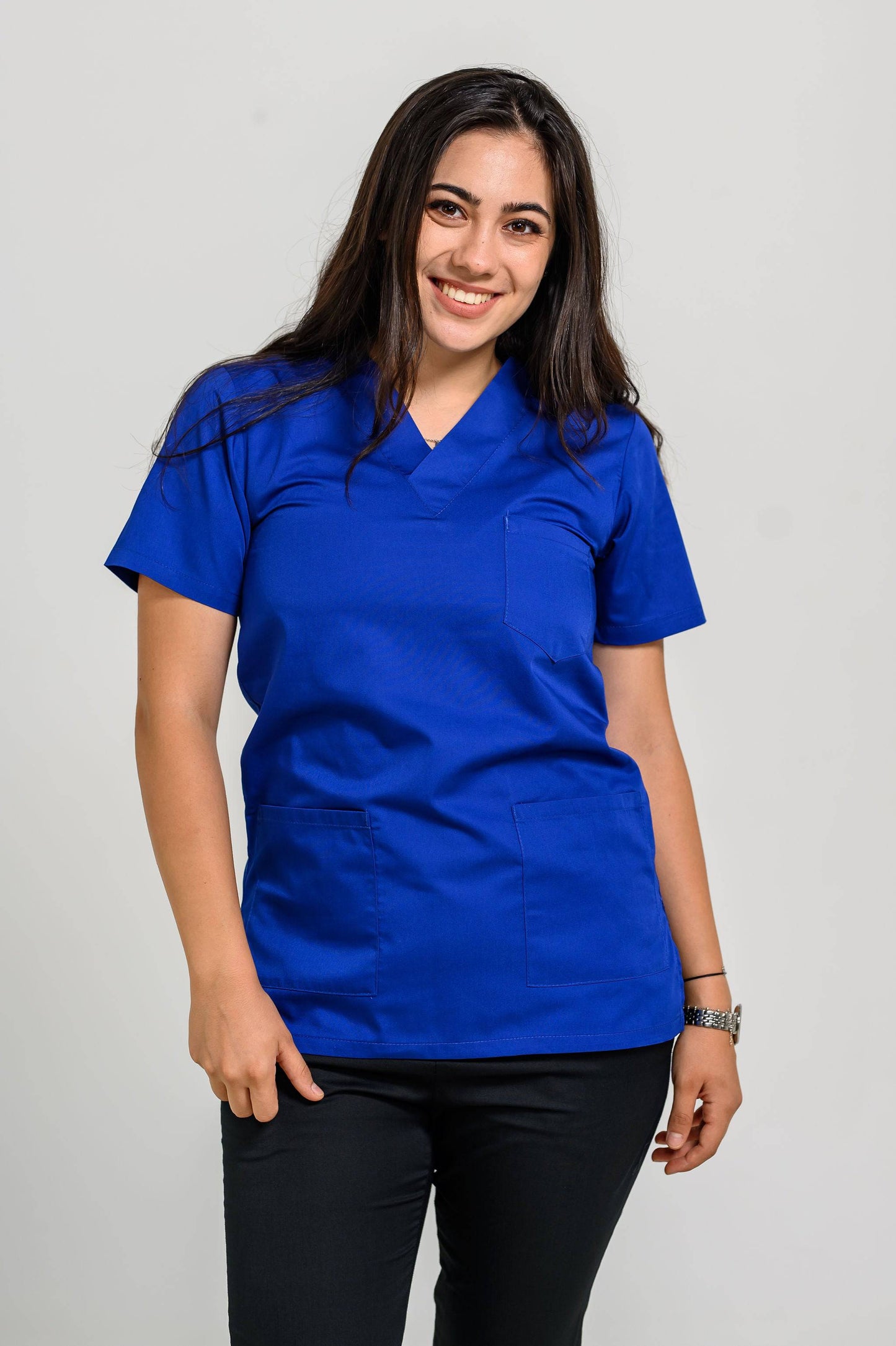 Bluza Medicala Femei cu guler V - Albastru Electric - vedere frontala - Akitex 