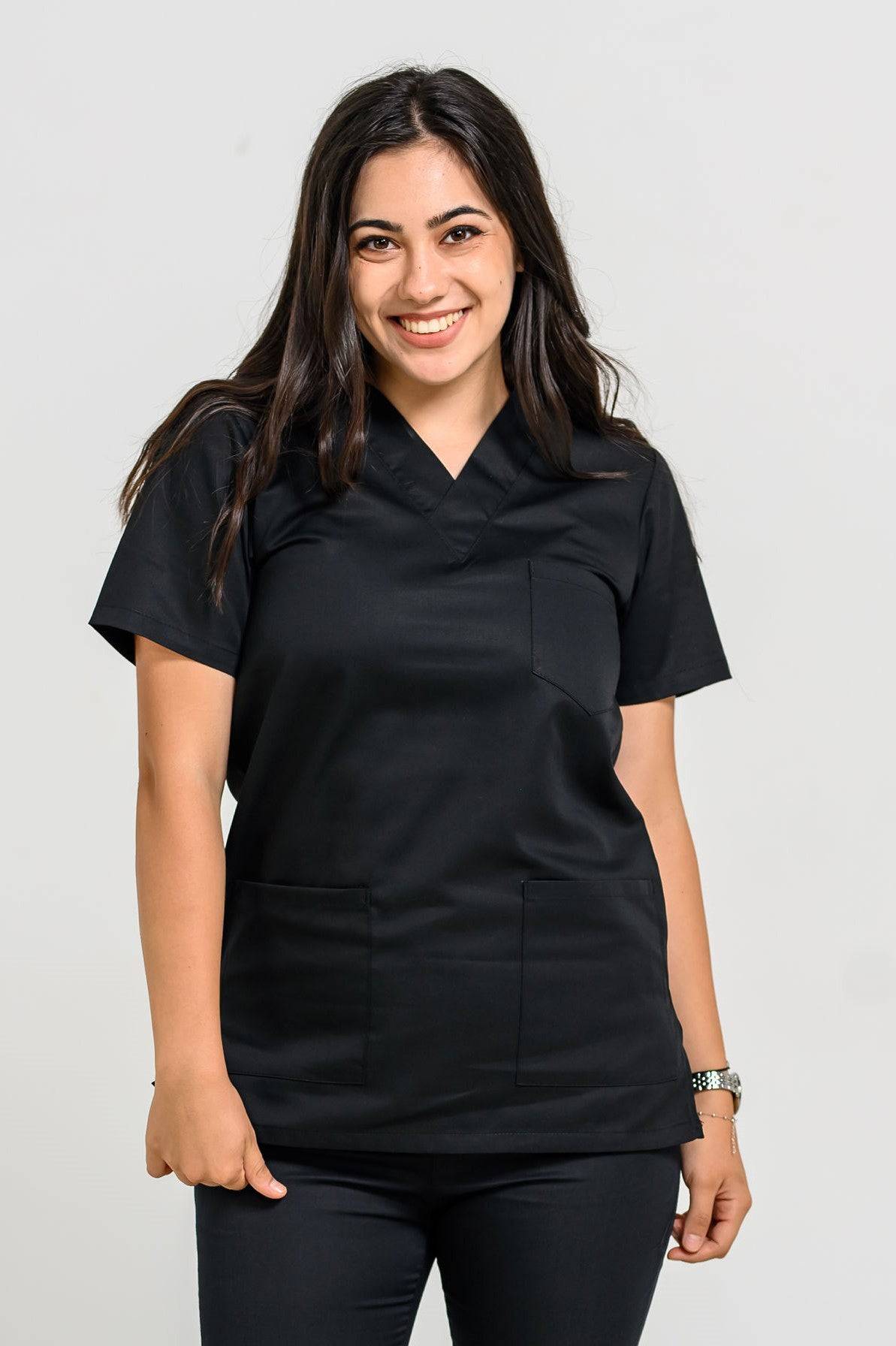 Bluza Medicala Femei cu guler V - Negru - vedere frontala - Akitex 