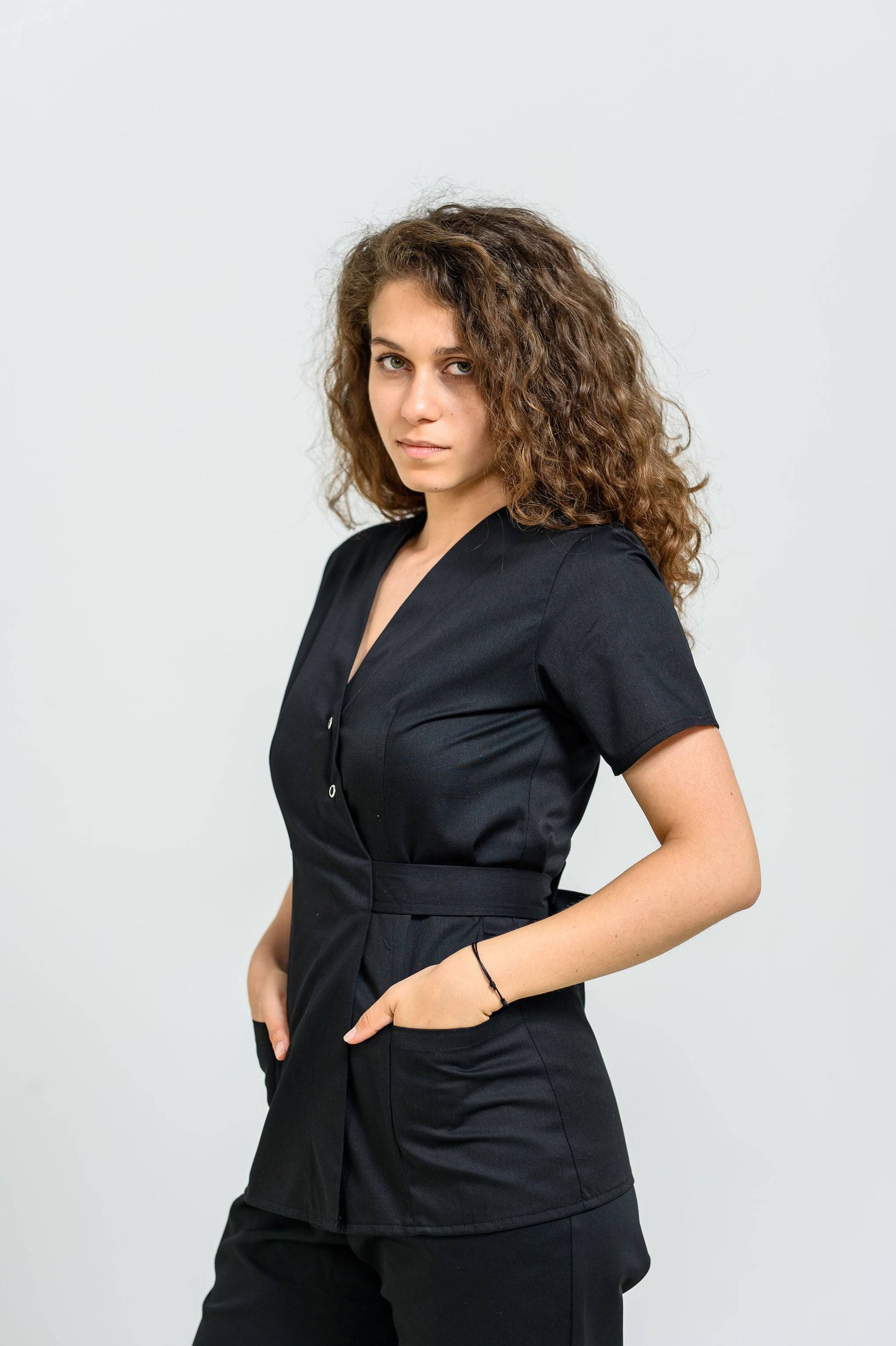 Bluza Medicala Kimono - Negru - vedere laterala - Akitex