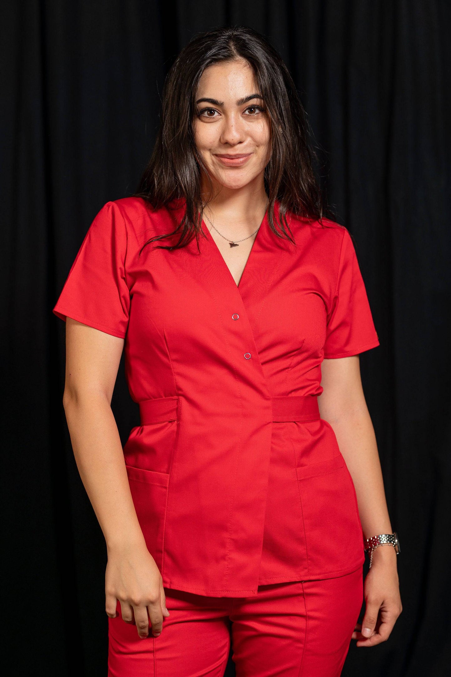 Bluza Medicala Kimono - Rosu - vedere frontala - Akitex
