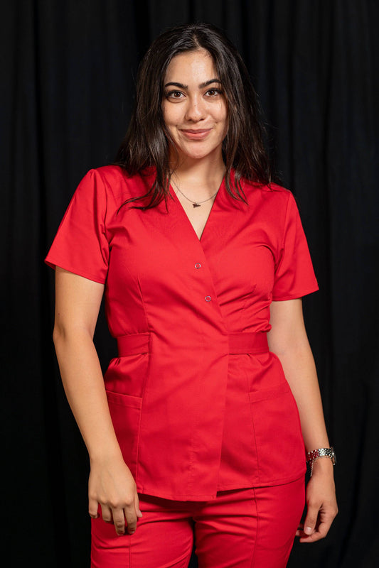 Bluza Medicala Kimono - Rosu - vedere frontala - Akitex
