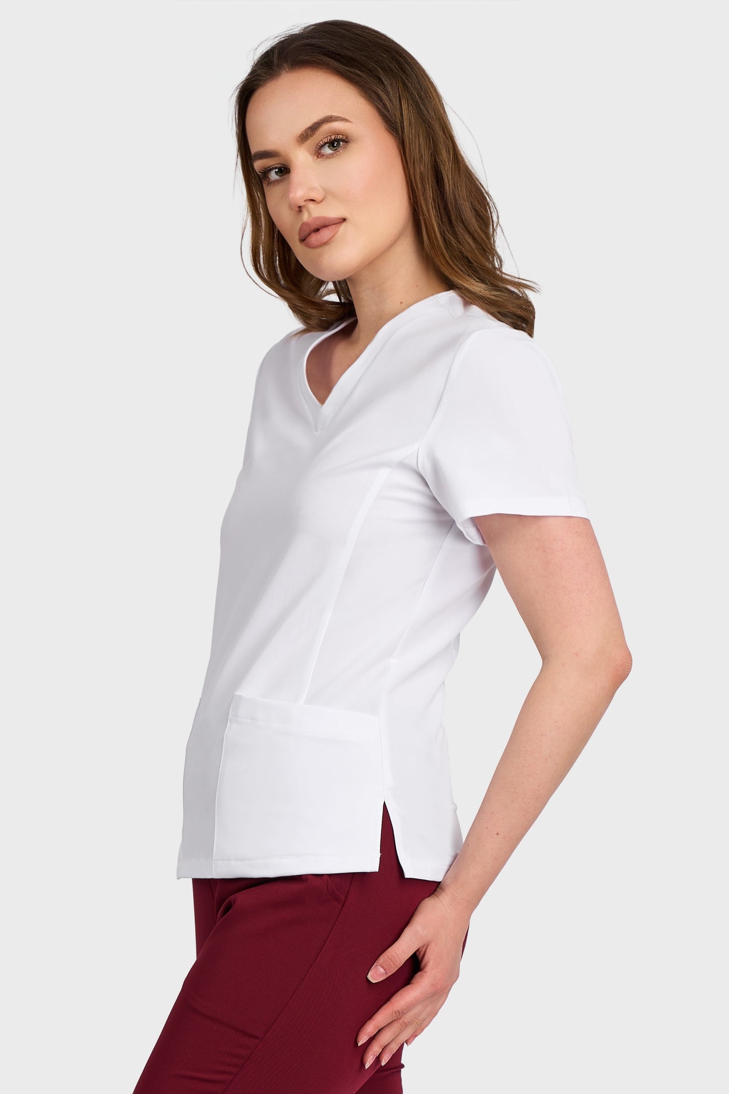 Bluza Medicala Rafaela Stretch  - Alb - vedere laterala - material elastic - Akitex 