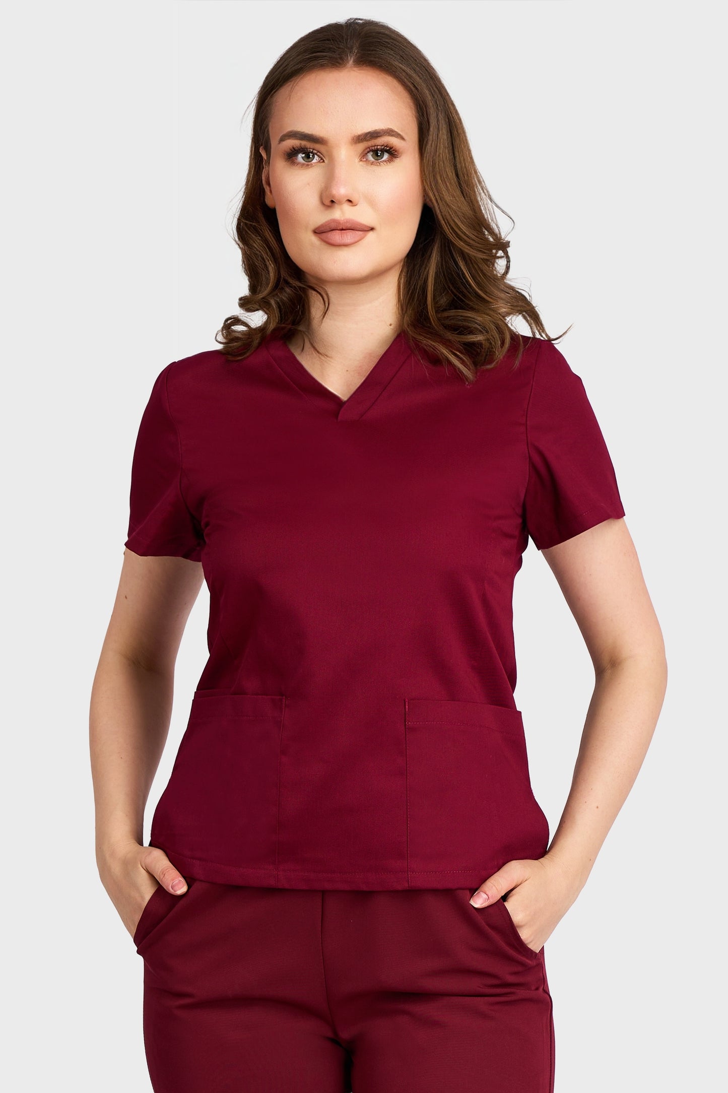 Bluza Medicala Rafaela Stretch  - Bordo - vedere frontala - material elastic - Akitex 