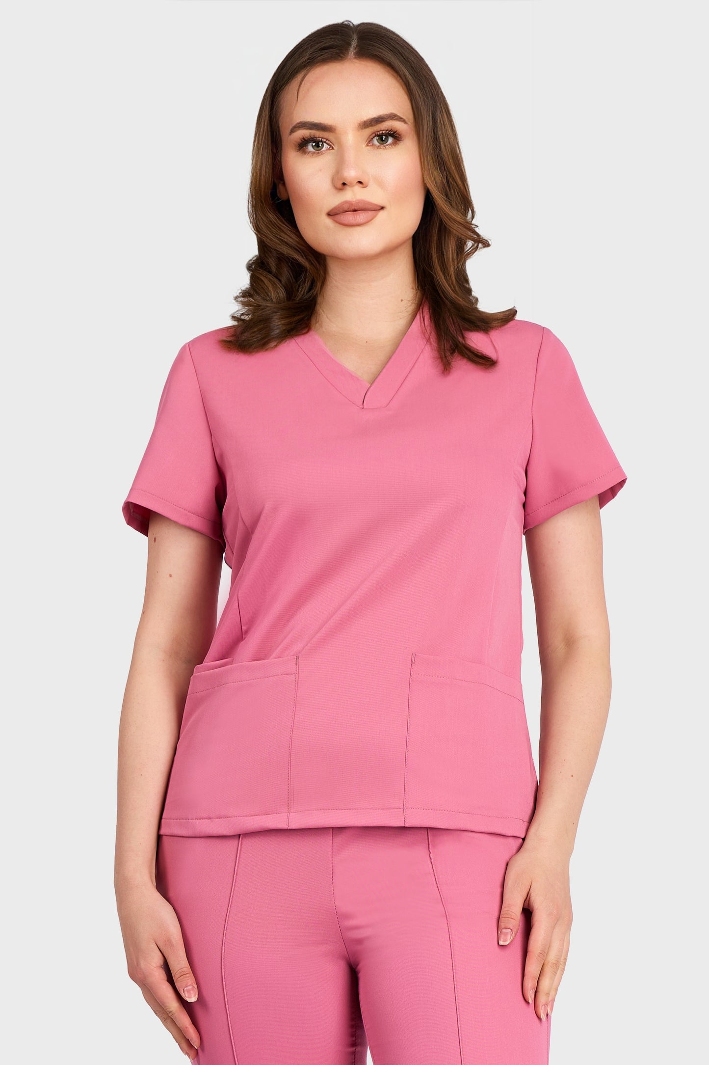 Bluza Medicala Rafaela Stretch  - Roz - vedere frontala - material elastic - Akitex 