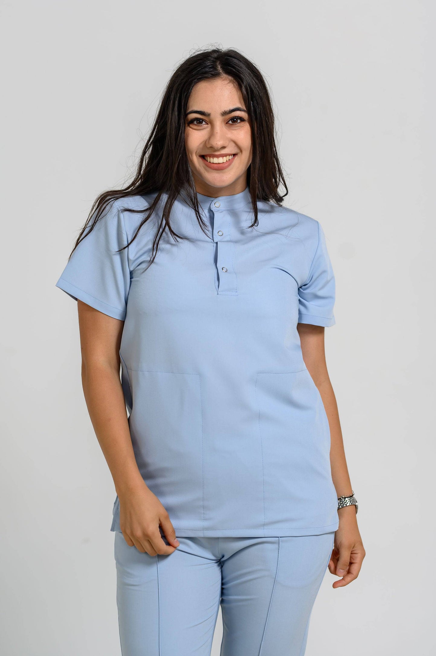 Bluza Medicala Valuca STRETCH Femei - BabyBlue - vedere frontala - material elastic - Akitex 