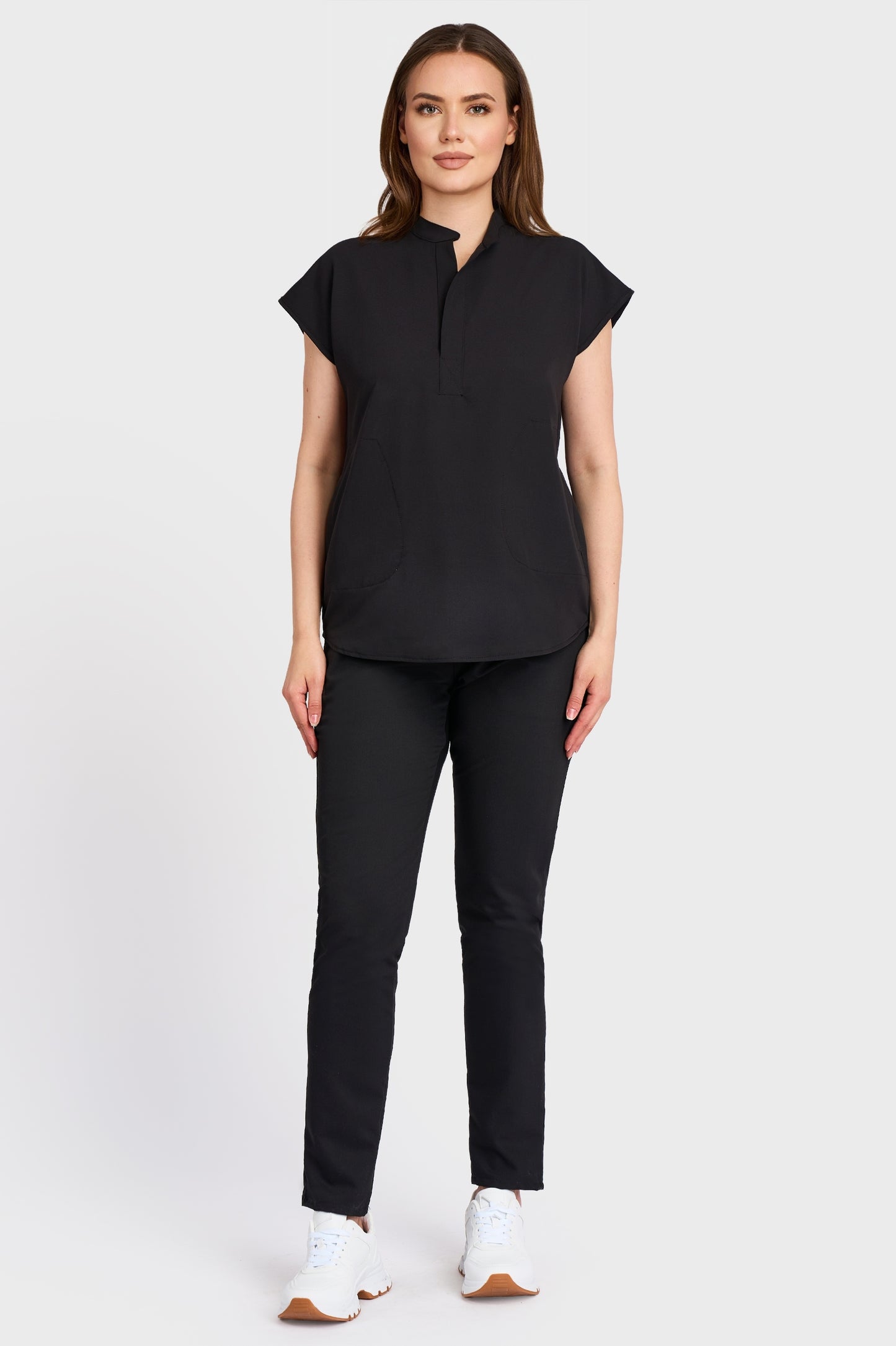 Costum medical din Bluza Medicala Maria si Pantaloni Medicali cu elastic si snur STRETCH - Negru - vedere totala - material elastic - Akitex 