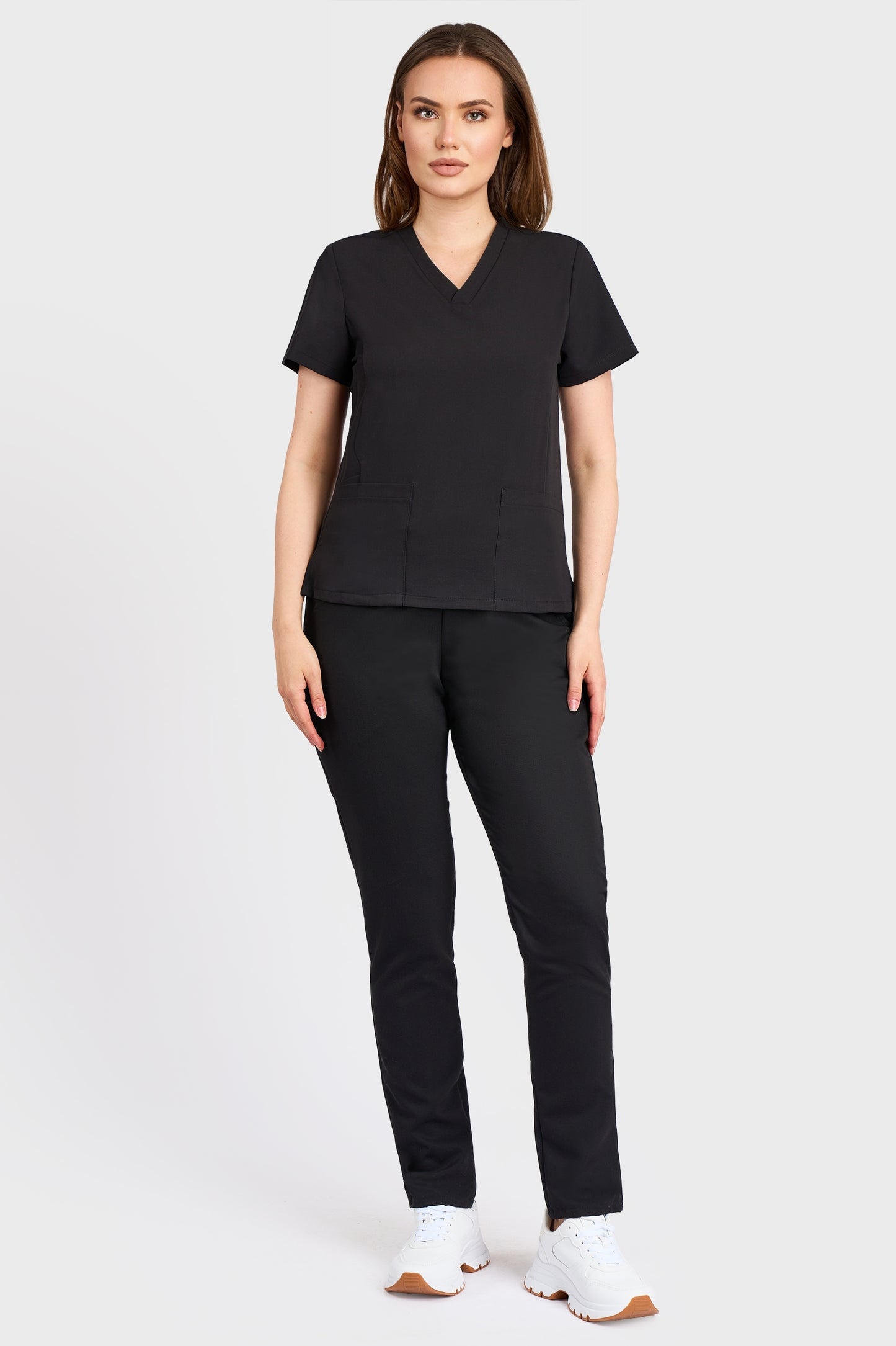 Costum medical din Bluza Medicala Rafaelas si Pantaloni Medicali cu elastic si snur STRETCH - Negru - vedere totala - material elastic - Akitex 