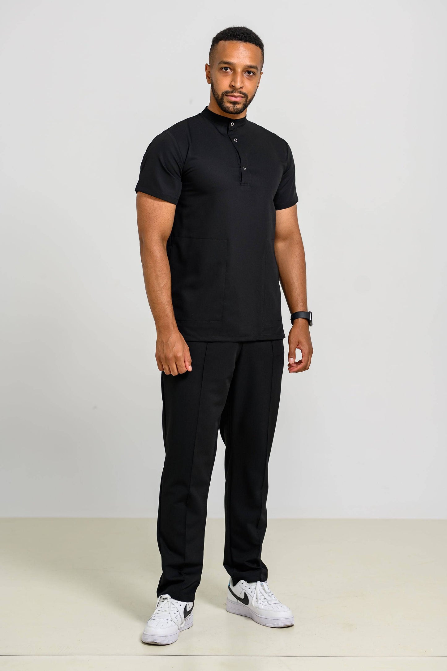 Pantaloni Medicali Alisa Barbati Stretch- Negru - vedere totala - material elastic - Akitex 