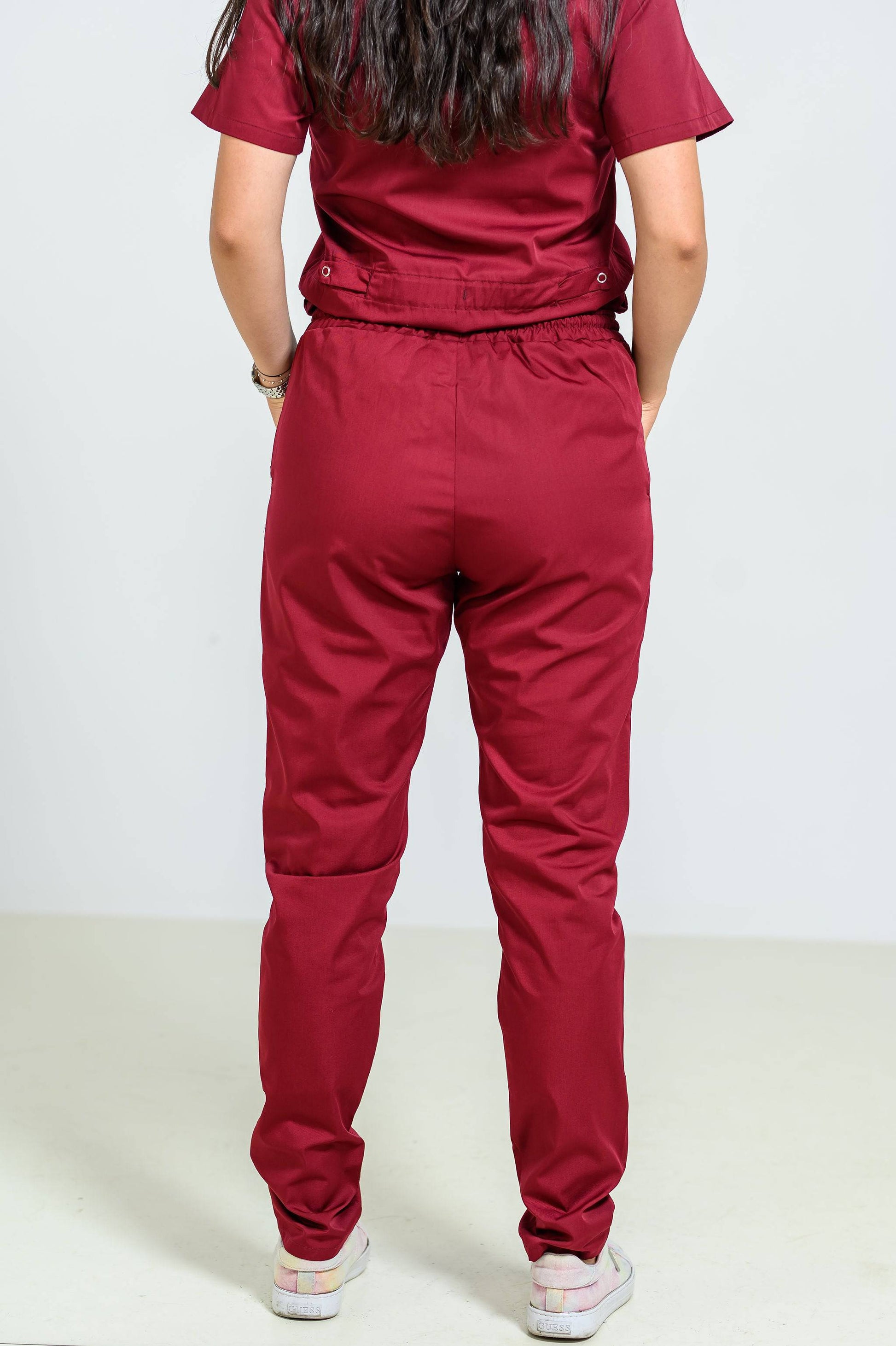 Pantaloni Medicali cu elastic si snur Femei - Bordo - vedere de la spate - Akitex 