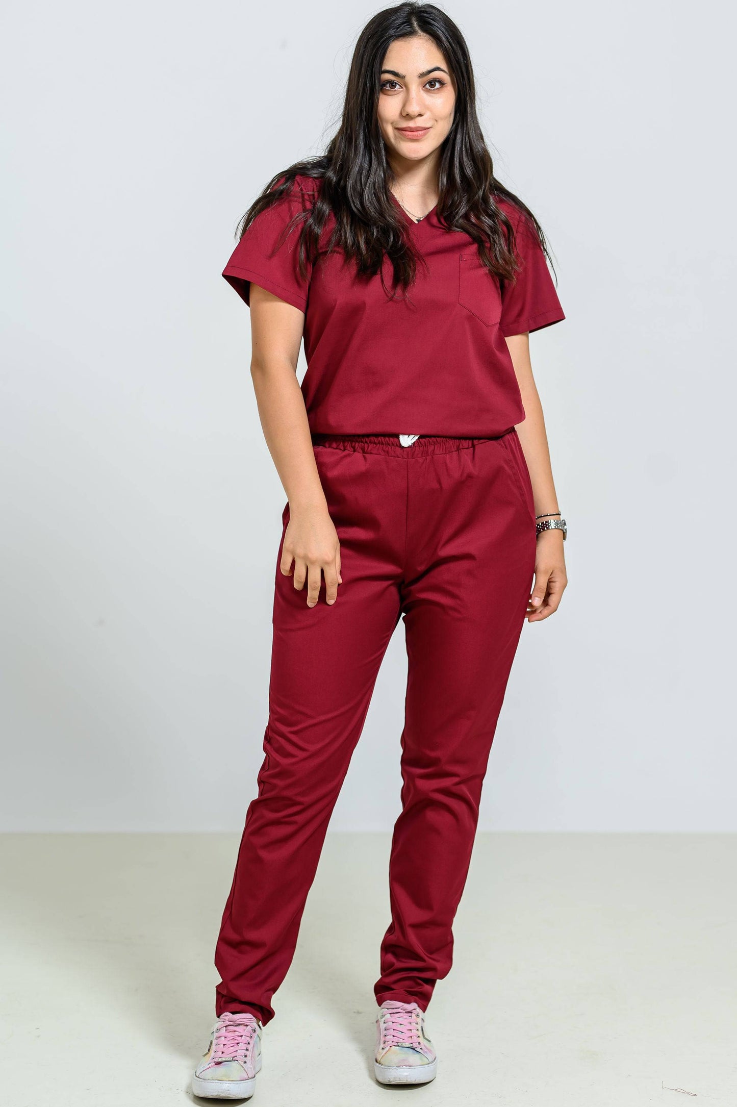 Pantaloni Medicali cu elastic si snur Femei - Bordo - vedere totala - Akitex 