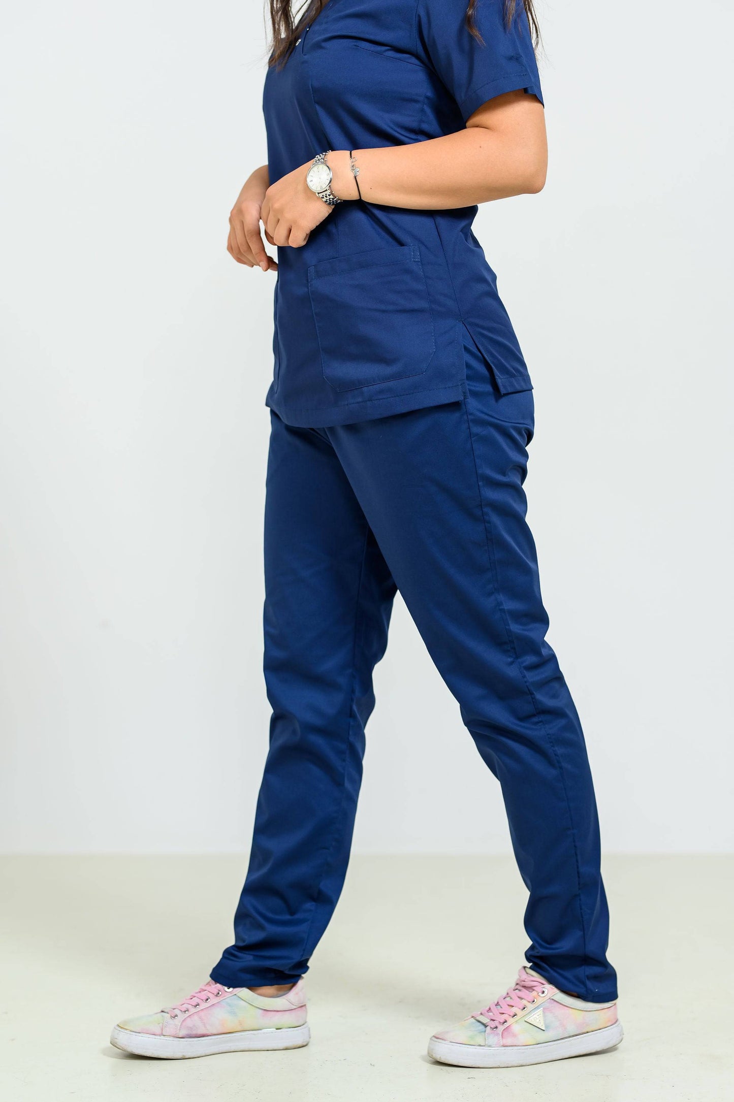 Pantaloni Medicali cu elastic si snur Femei - Navy - vedere lateral stanga - Akitex 