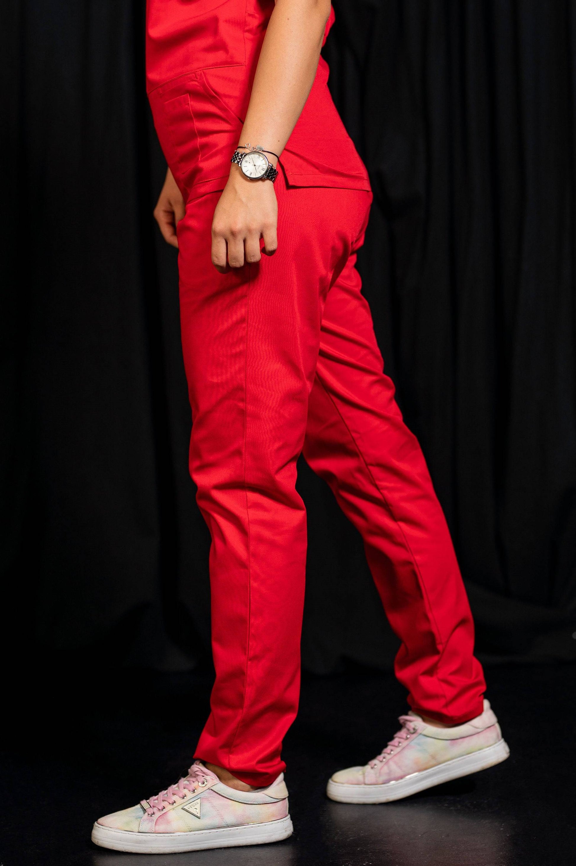 Pantaloni Medicali cu elastic si snur Femei - Rosu - vedere lateral stanga - Akitex 