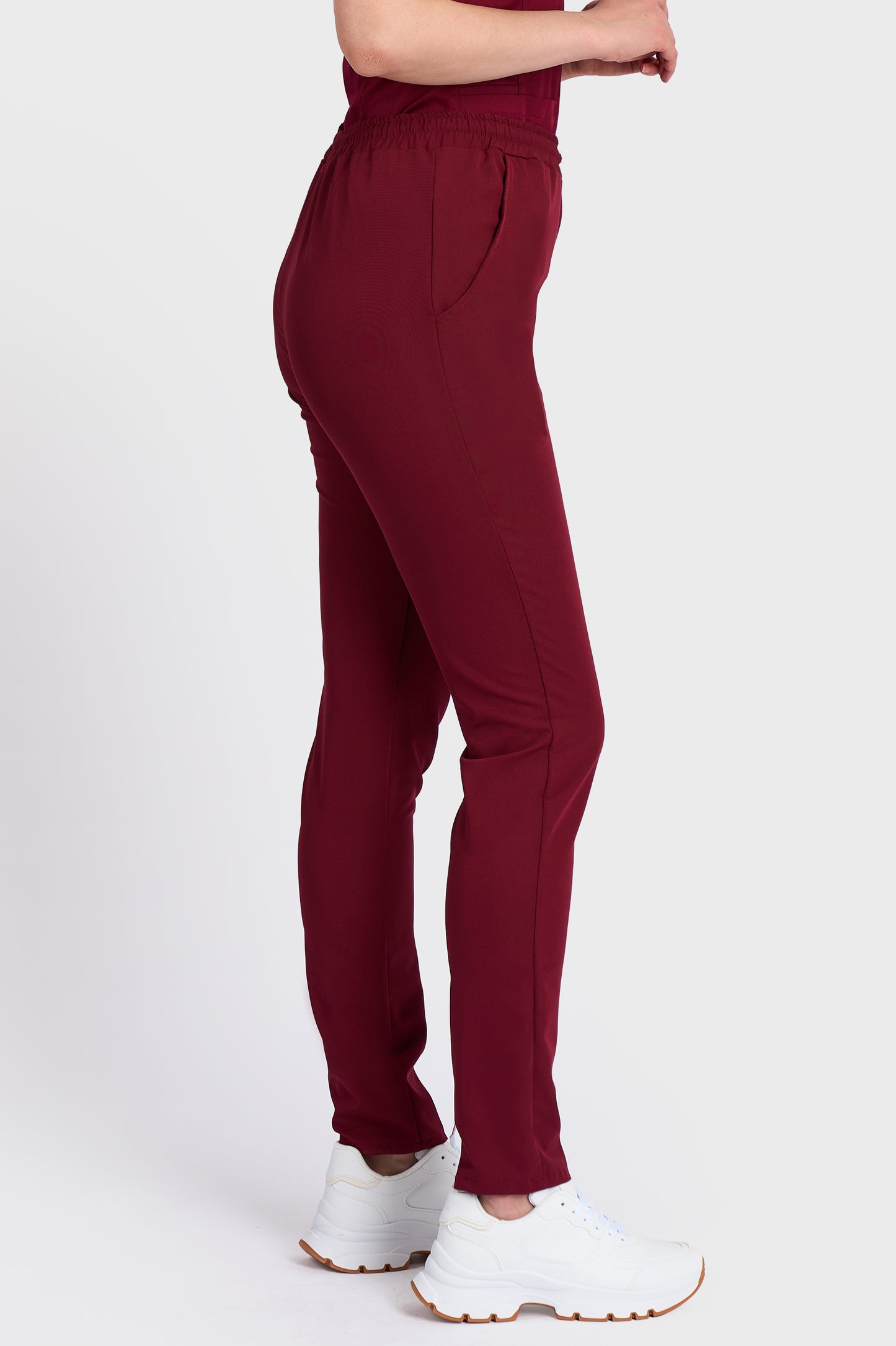 Pantaloni Medicali cu elastic si snur Femei Stretch - Bordo - vedere laterala - material elastic - Akitex 