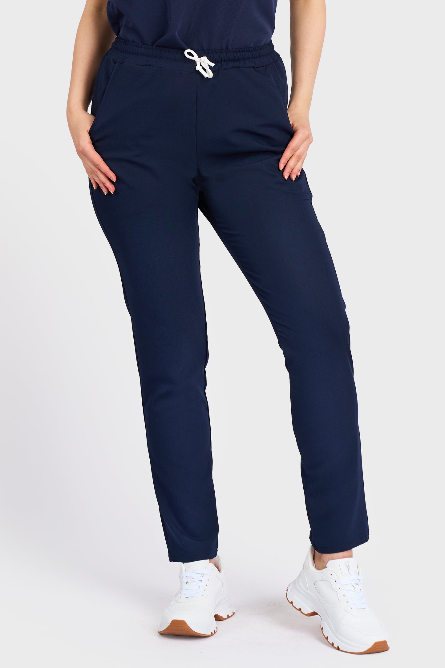 Pantaloni Medicali cu elastic si snur Femei Stretch - Navy - vedere frontala - material elastic - Akitex 