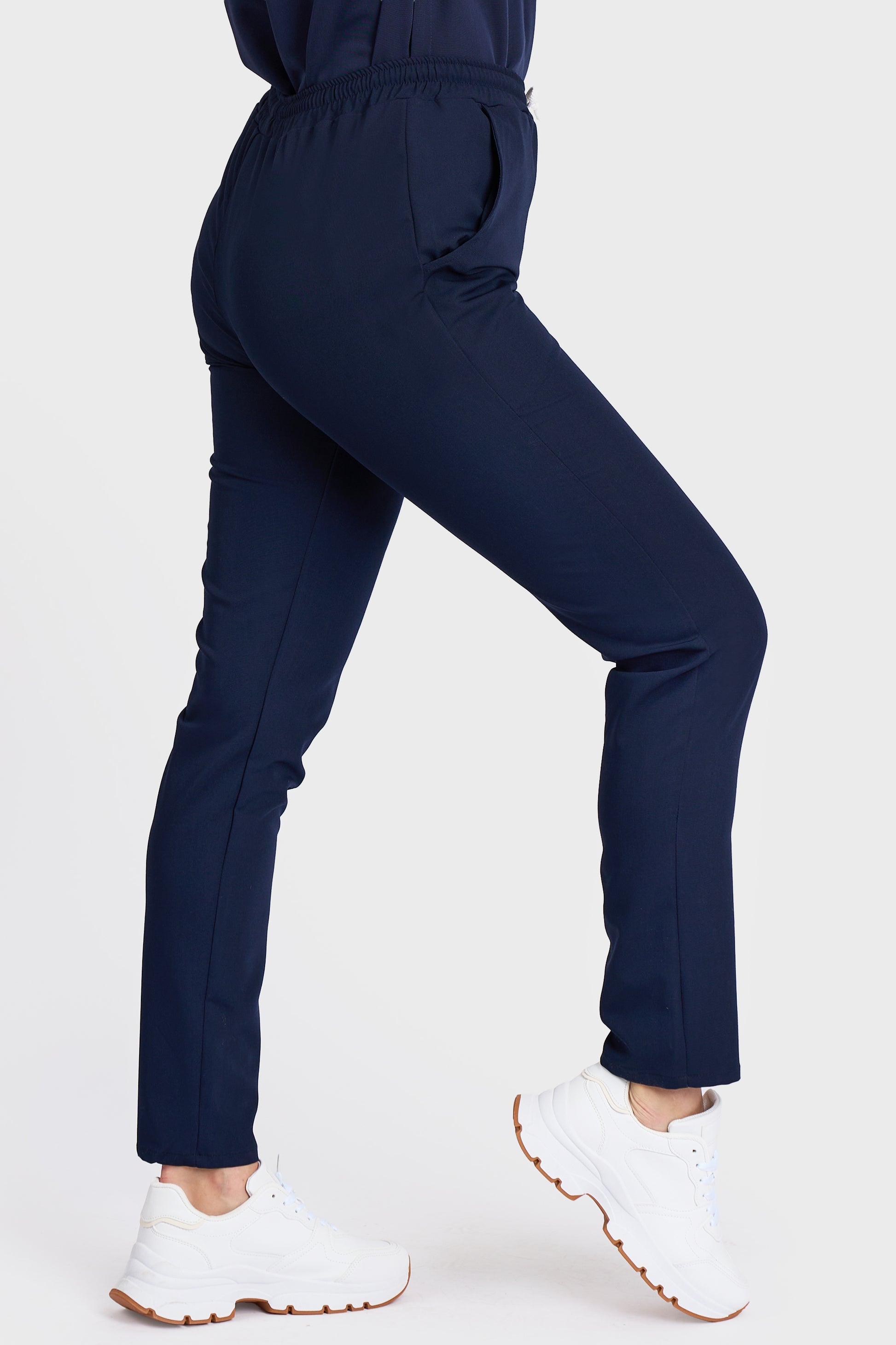 Pantaloni Medicali cu elastic si snur Femei Stretch - Navy - vedere laterala - material elastic - Akitex 
