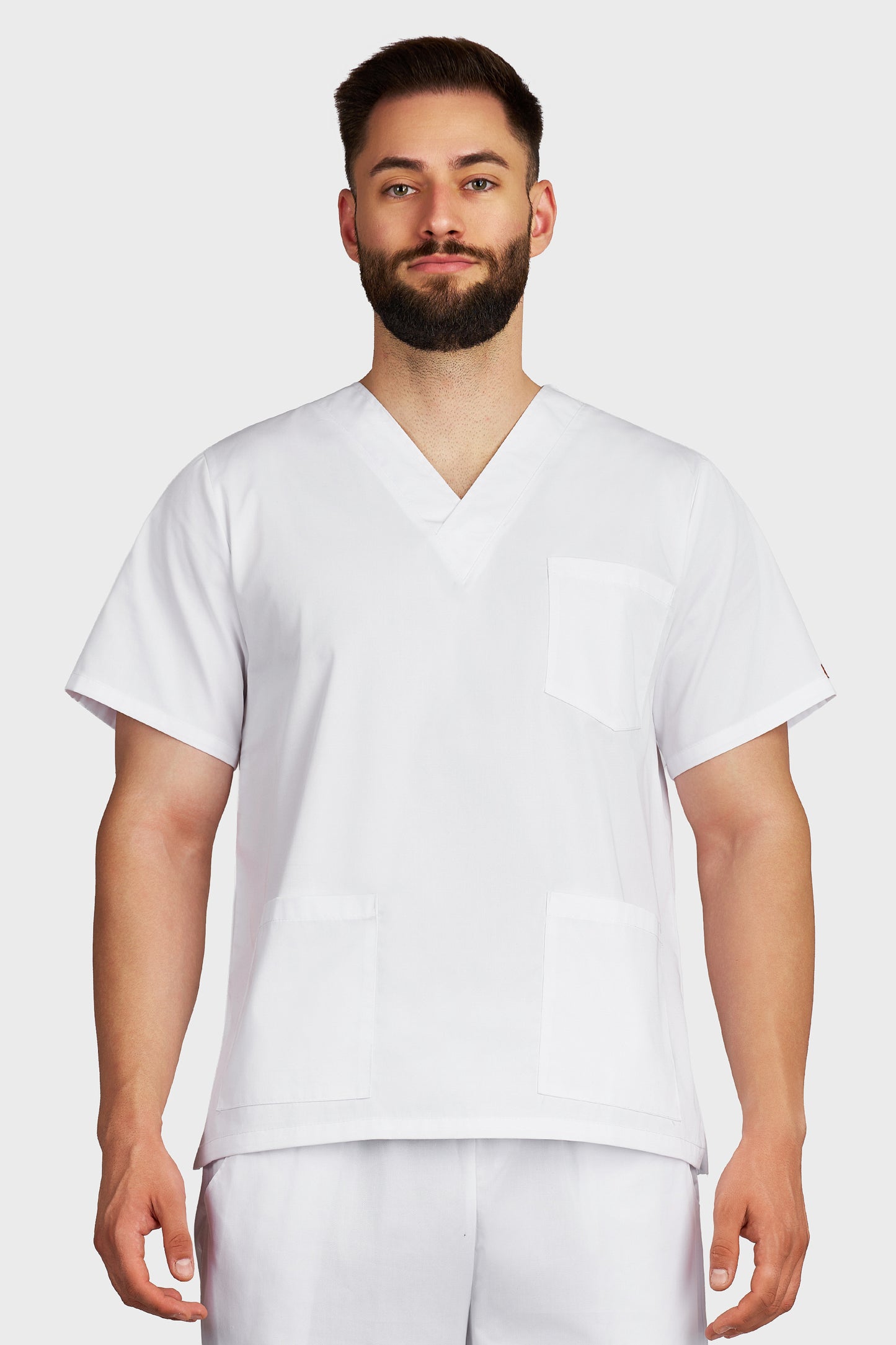 Bluza medicala barbati cu guler in V alb - vedere din fata - AKITEX