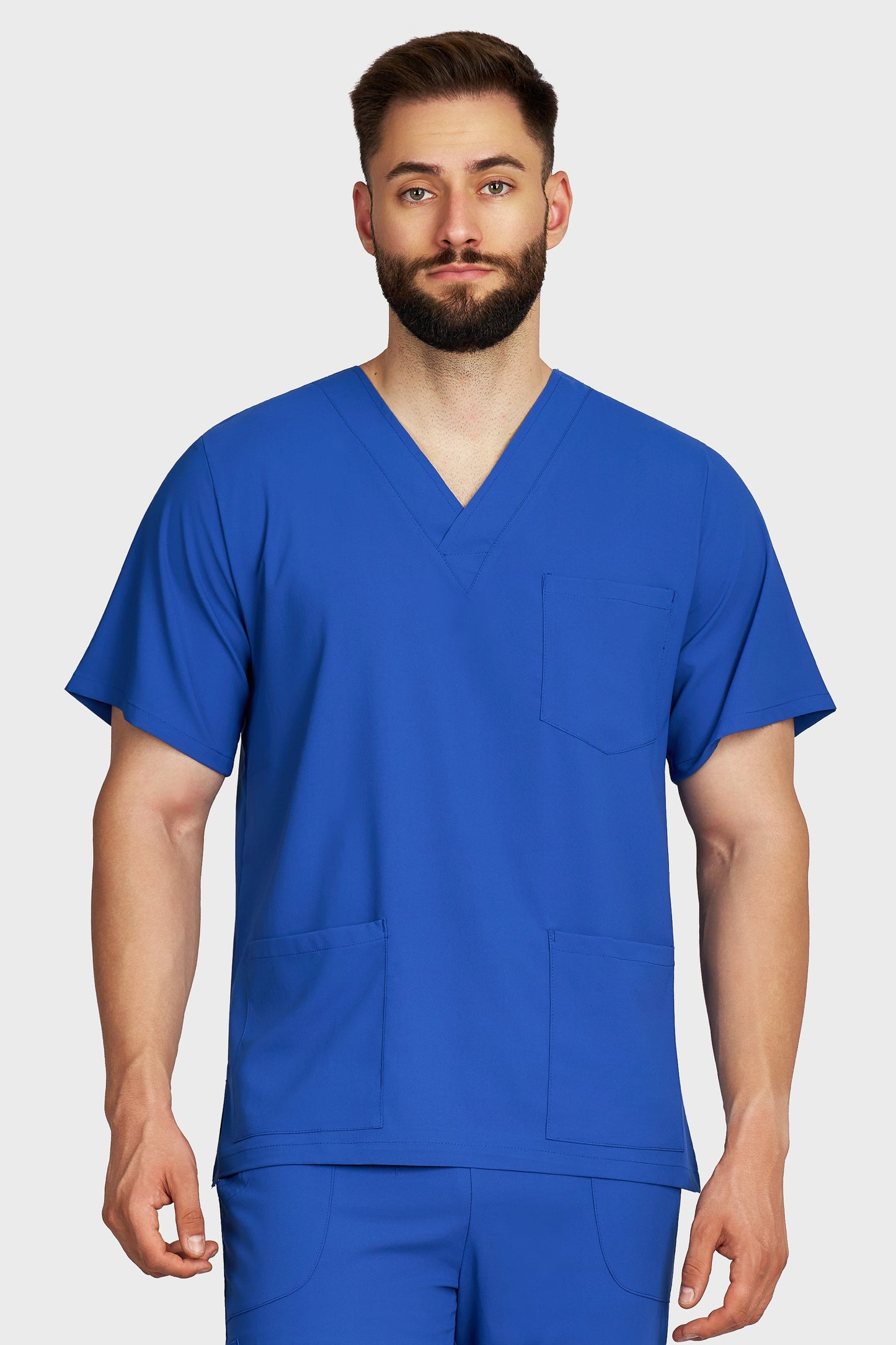Bluza medicala barbati cu guler in V albastru royal stretch - vedere din fata - AKITEX
