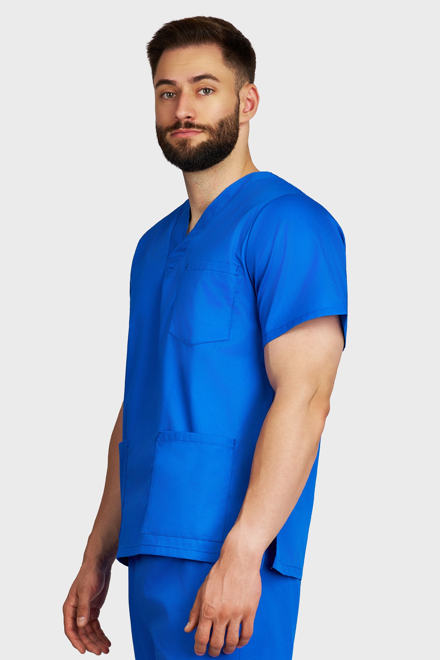 Bluza medicala barbati cu guler in V albastru royal - vedere laterala - AKITEX