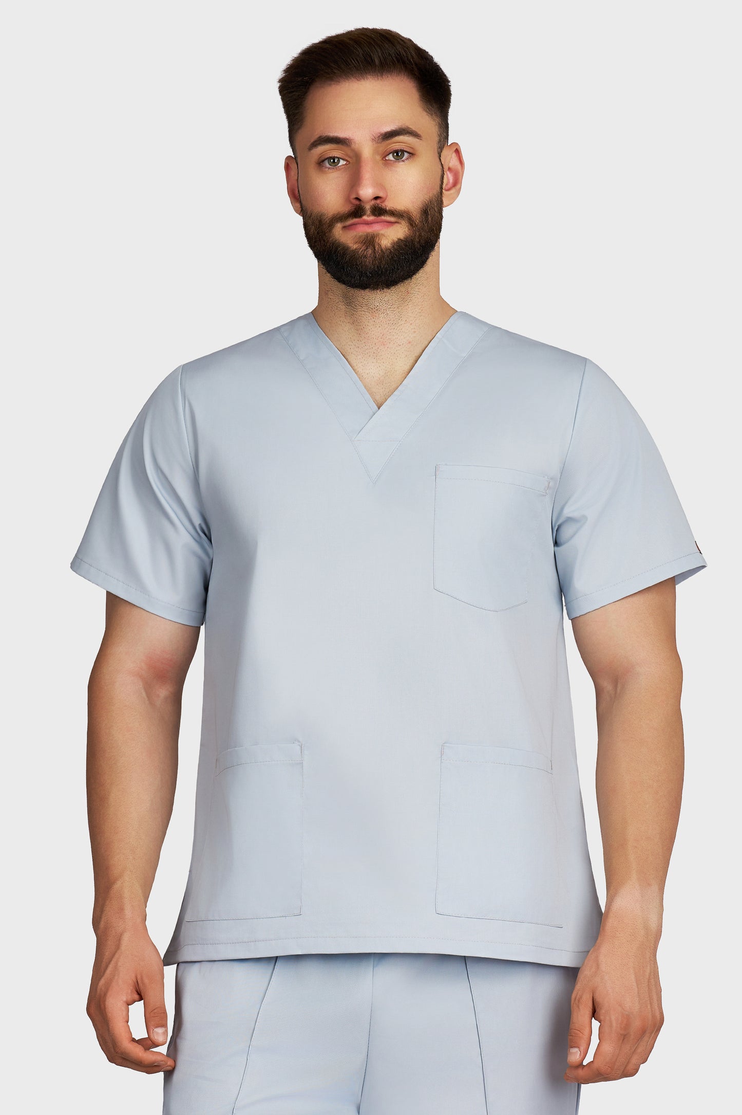 Bluza medicala barbati cu guler in V gri - vedere din fata - AKITEX