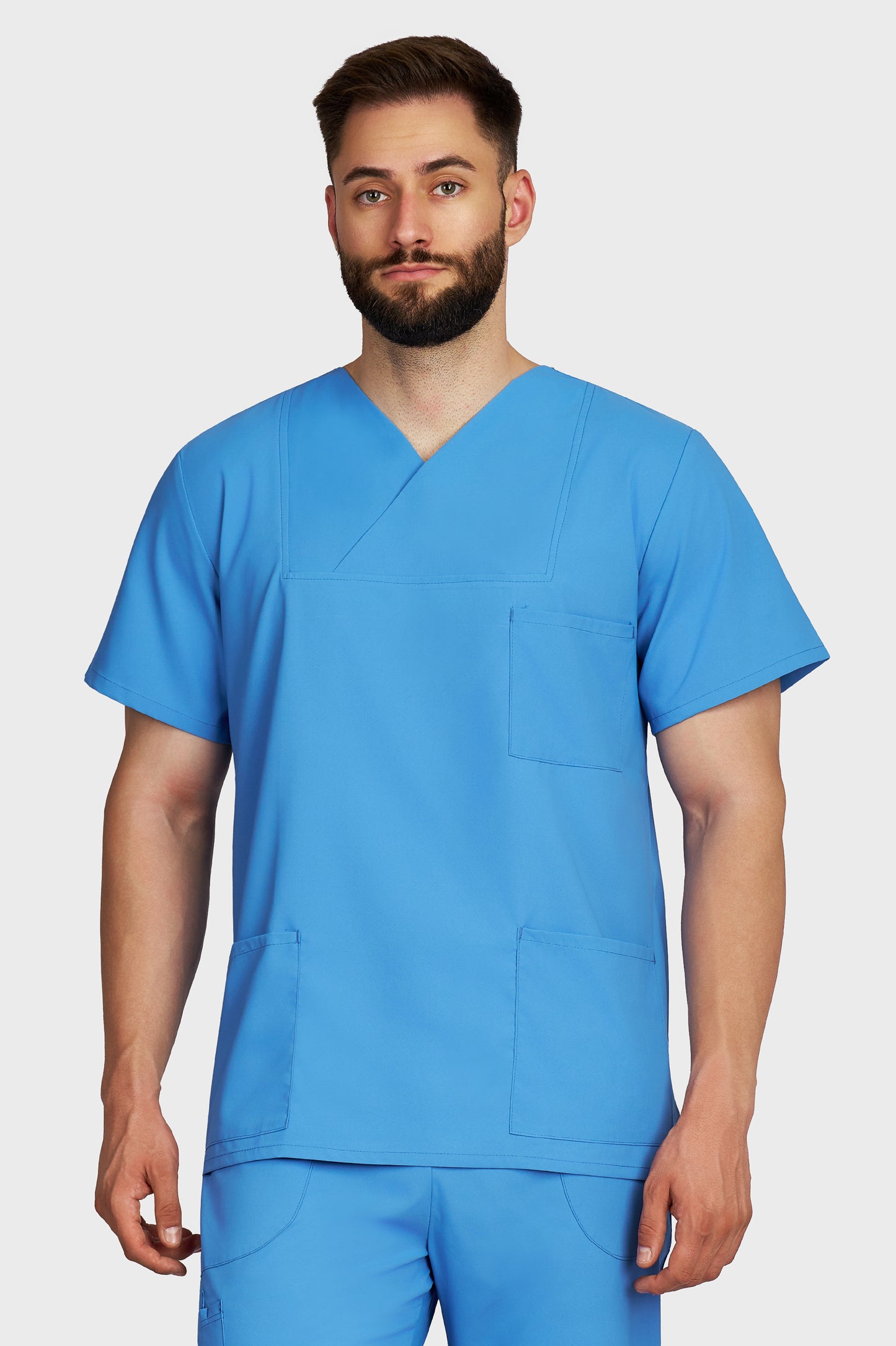 Bluza medicala barbati Victoria albastru azur stretch - vedere din fata - AKITEX