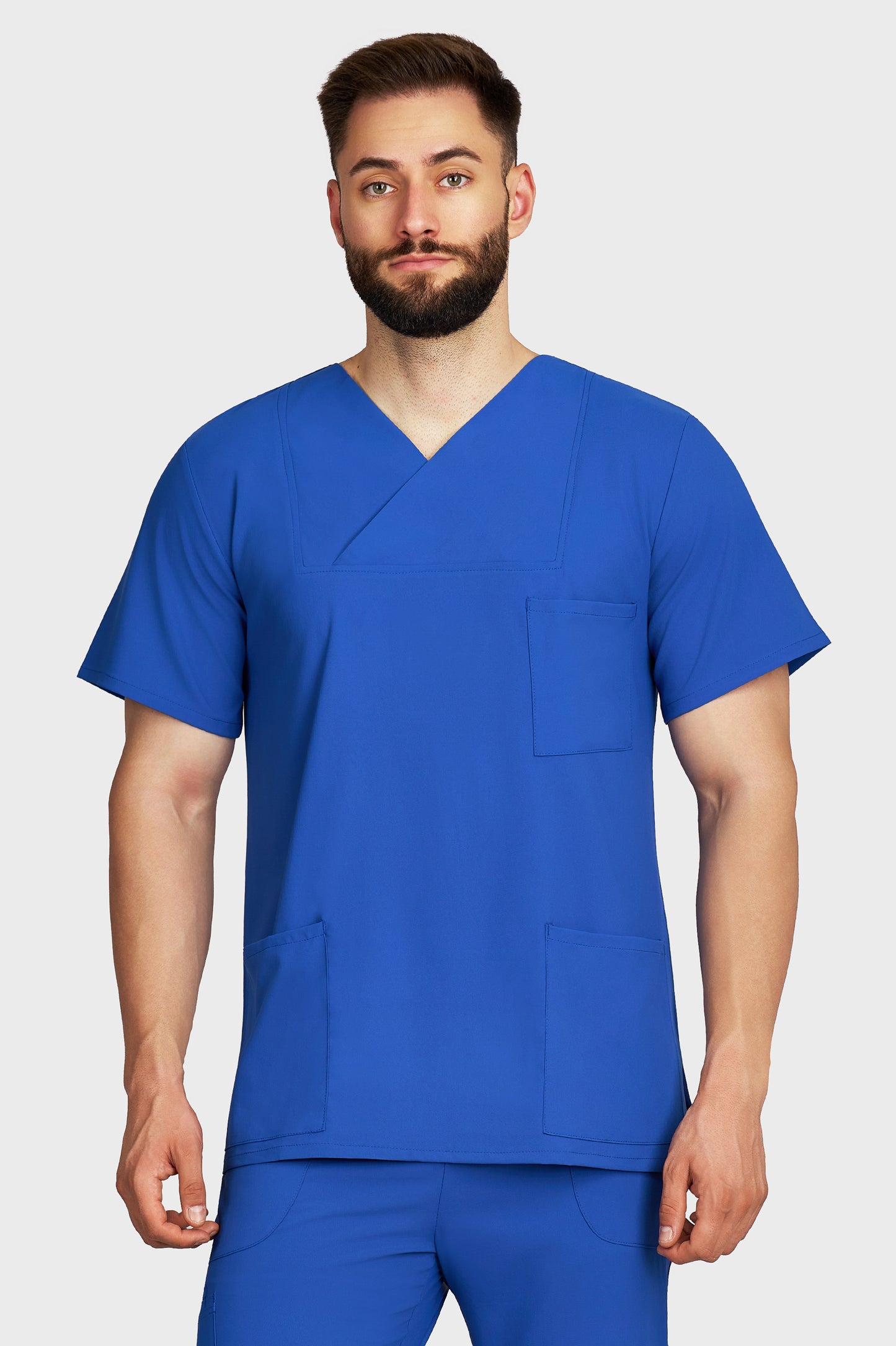 Bluza medicala barbati Victoria albastru royal stretch - vedere din fata - AKITEX