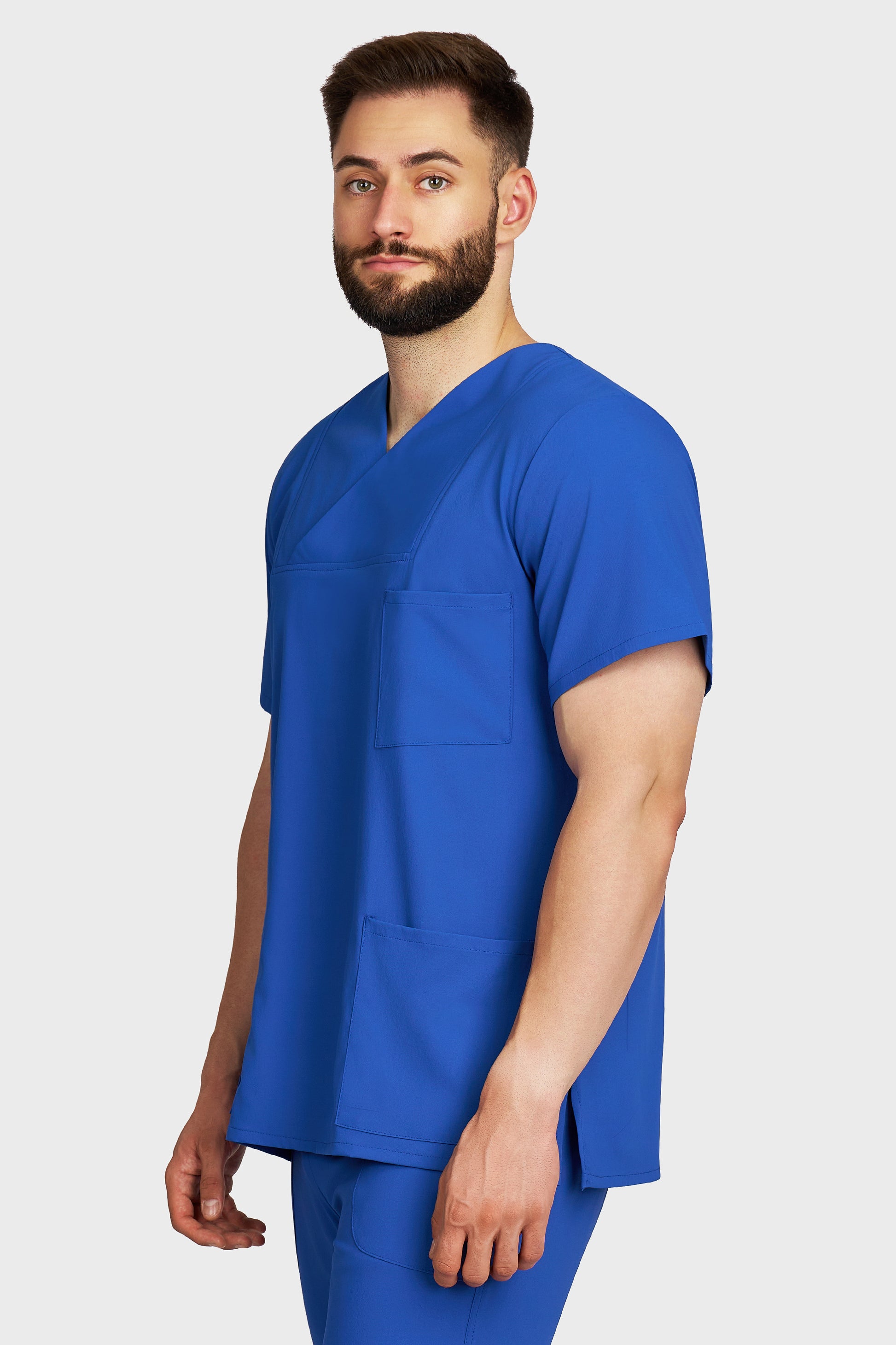 Bluza medicala barbati Victoria albastru royal stretch - vedere laterala - AKITEX