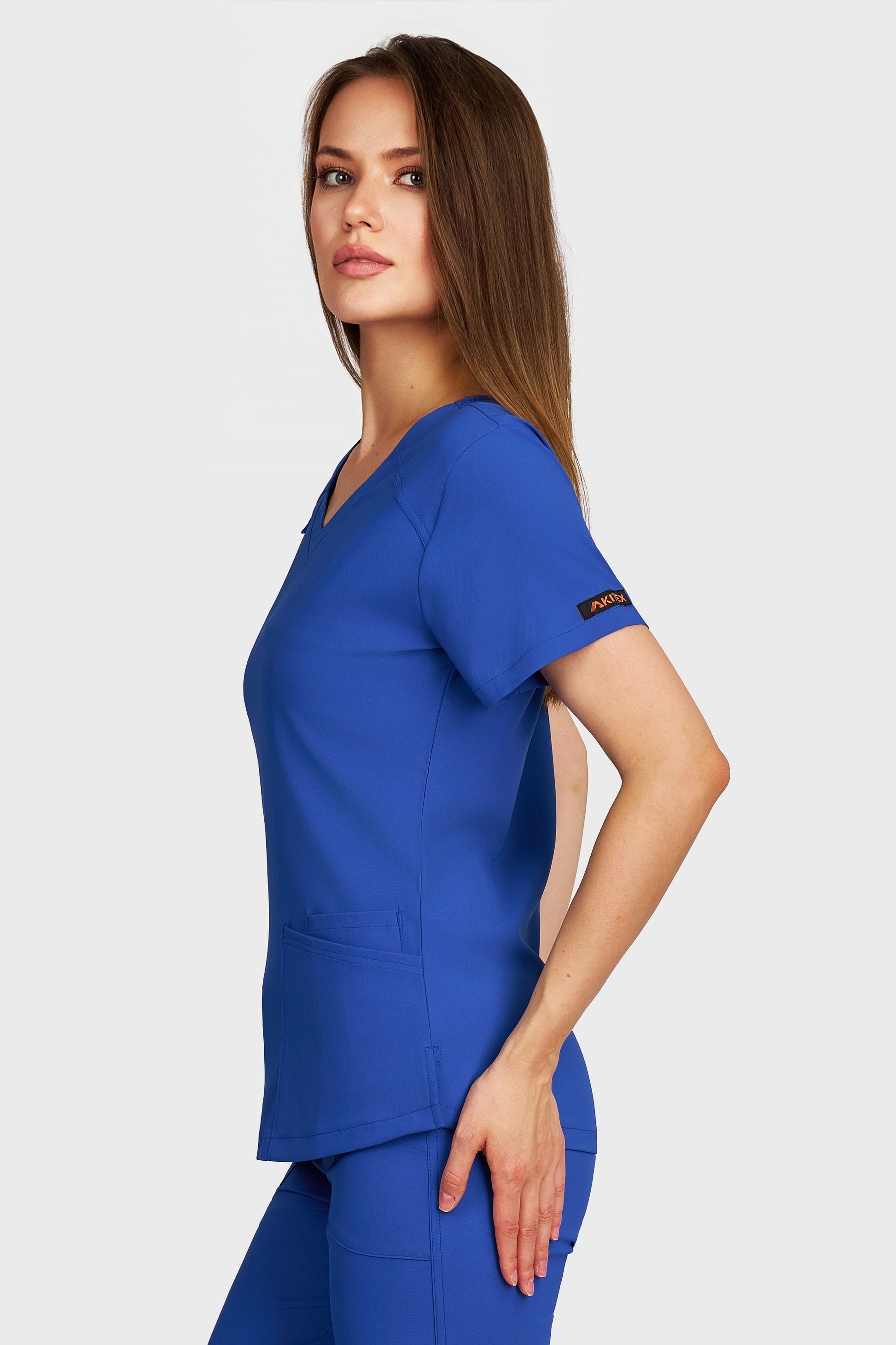 Bluza medicala femei Carmen albastru royal stretch - vedere laterala - AKITEX