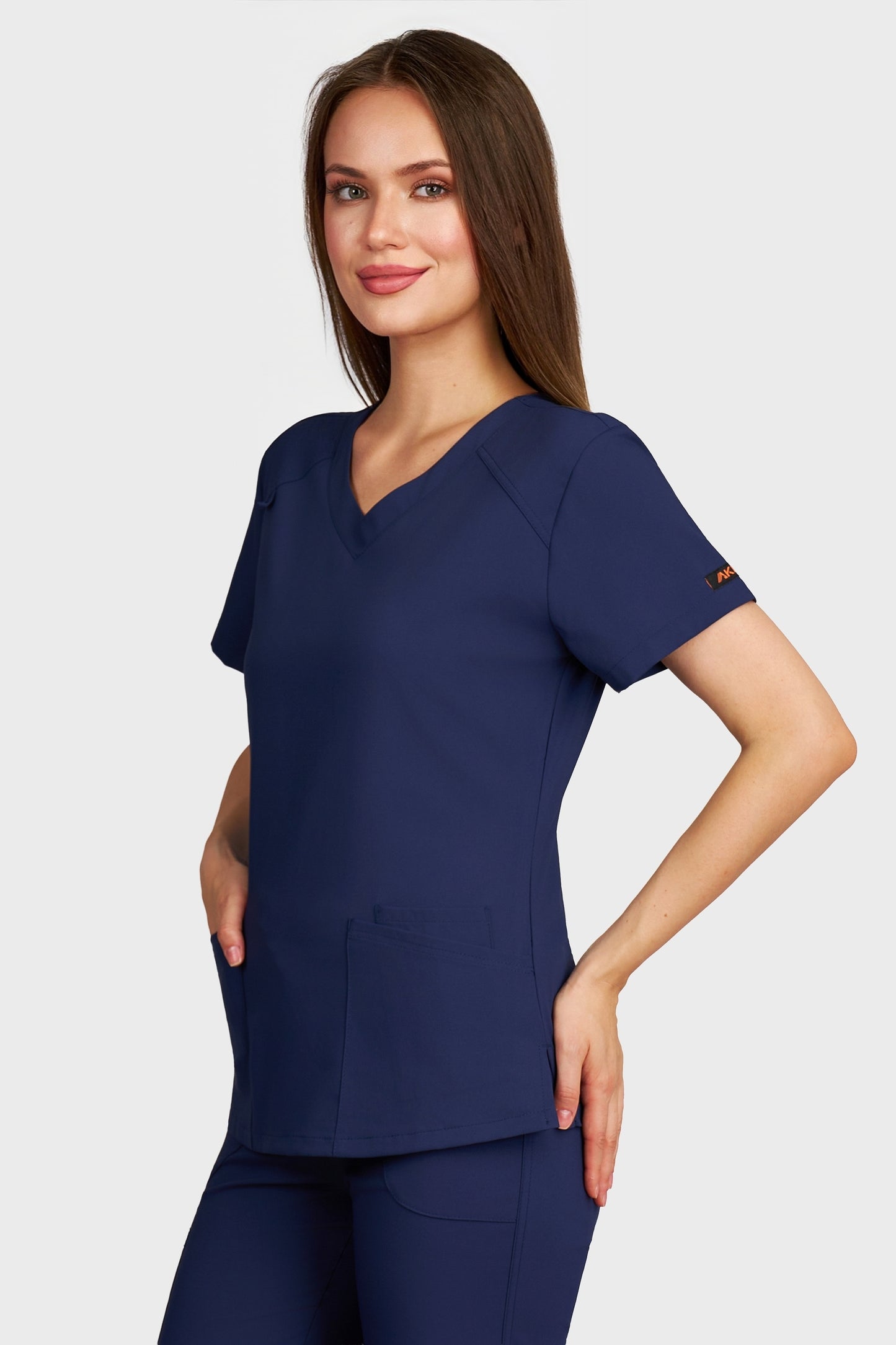 Bluza medicala femei Carmen bleumarin stretch - vedere laterala - AKITEX