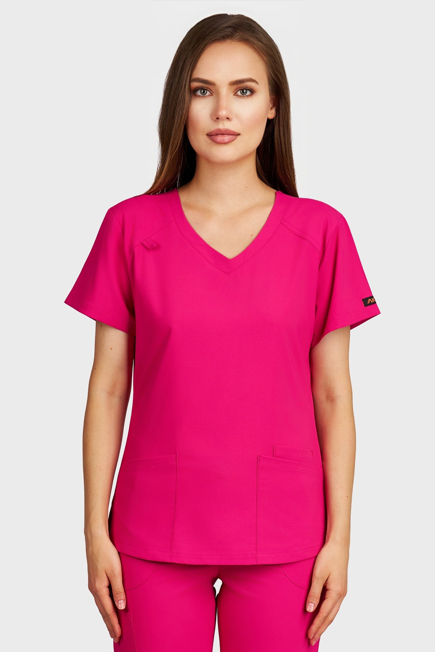 Bluza medicala femei Carmen fucsia stretch - vedere din fata - AKITEX