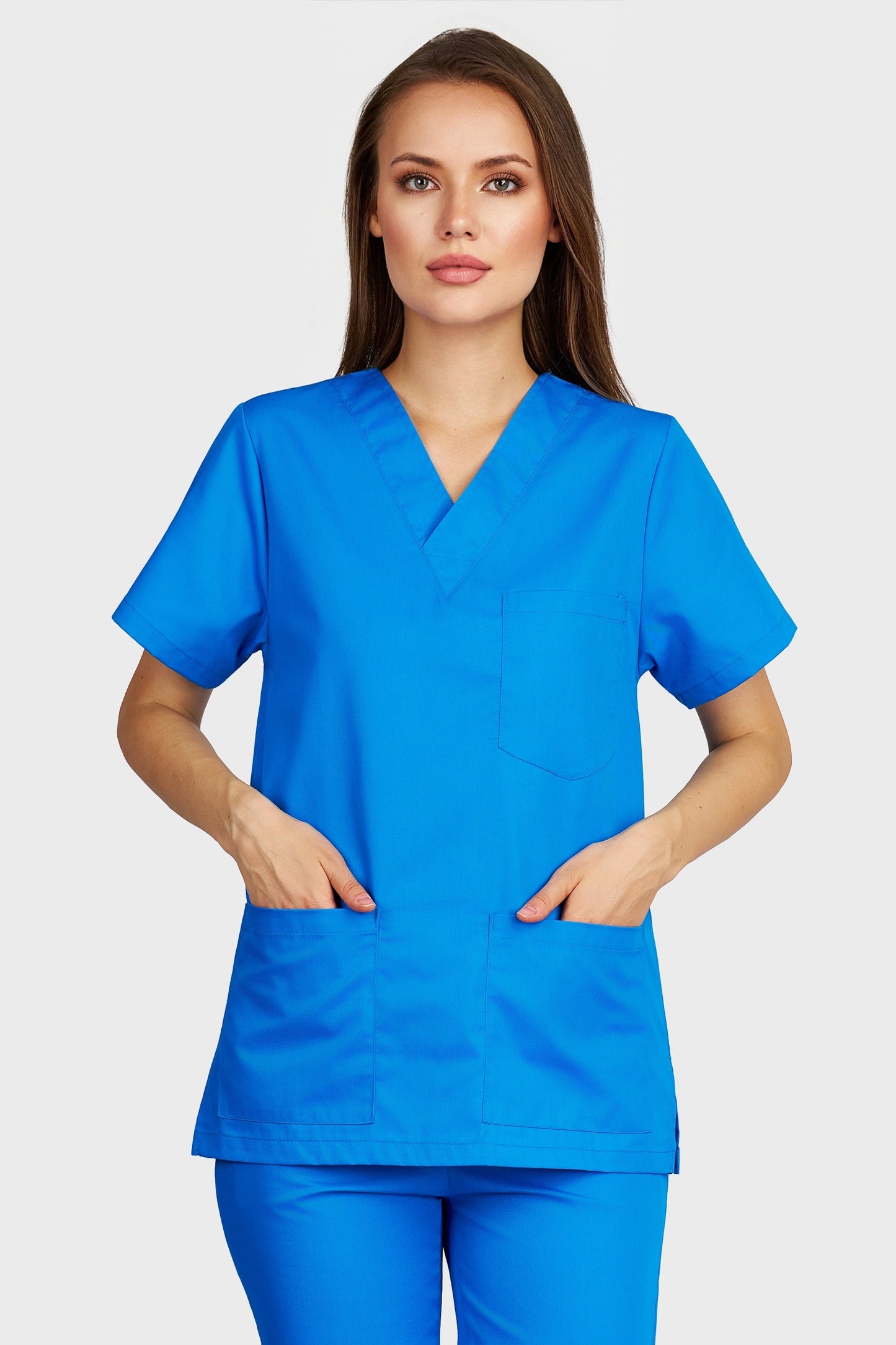 Bluza medicala femei cu guler in V turcoaz - vedere din fata - AKITEX