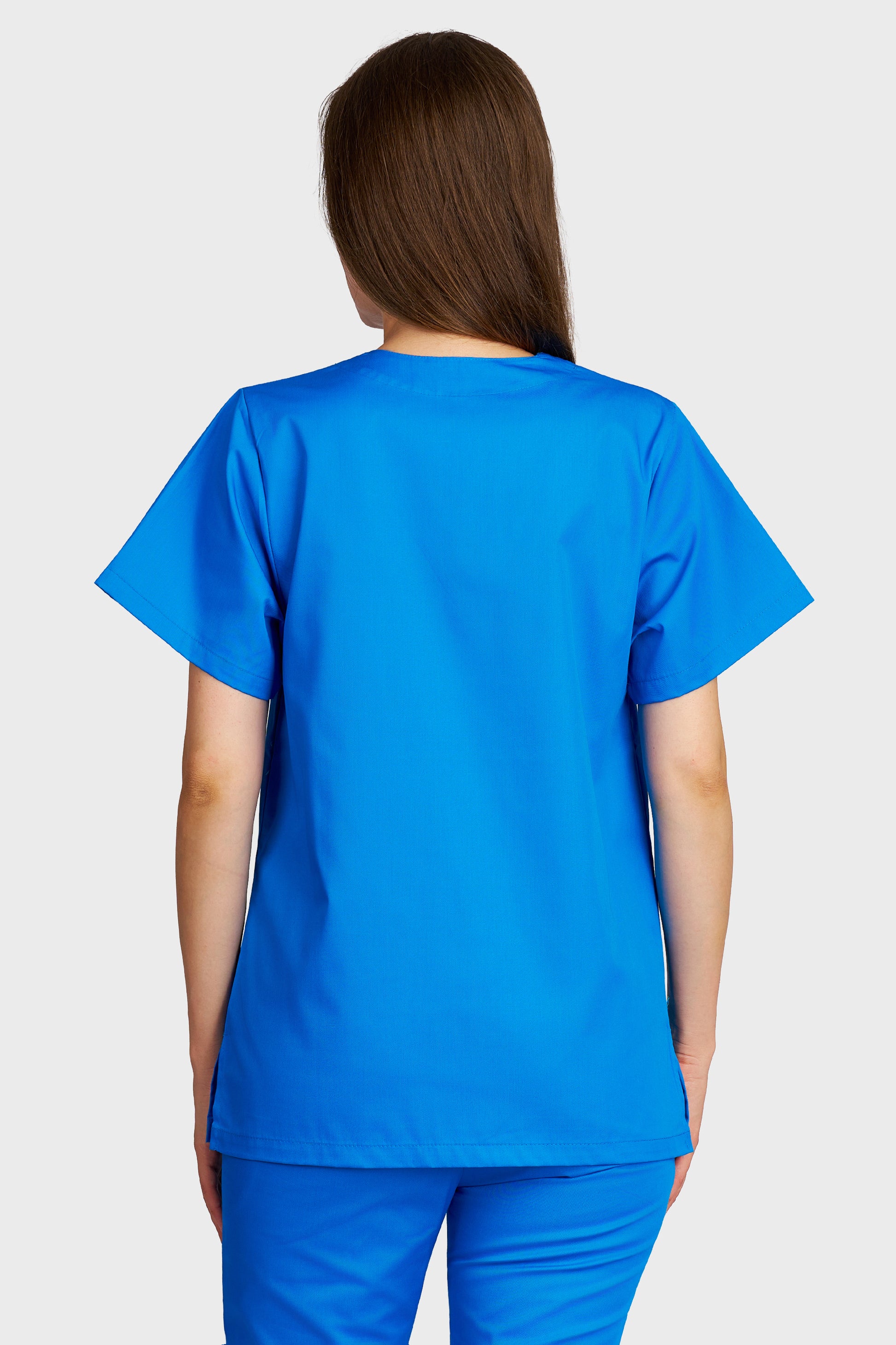 Bluza medicala femei cu guler in V turcoaz - vedere din spate - AKITEX