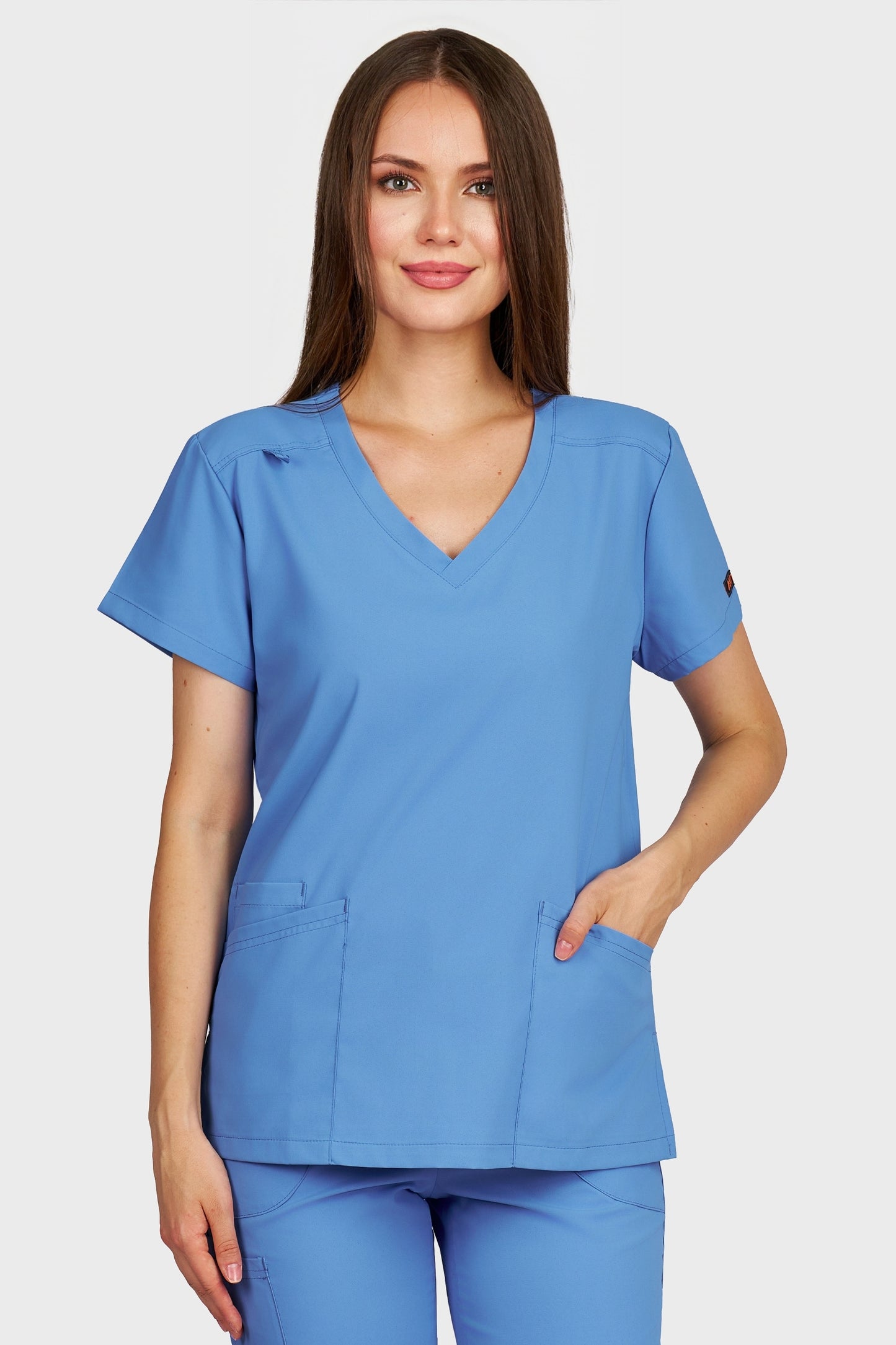Bluza medicala femei Juliette albastru azur stretch - vedere din fata - AKITEX