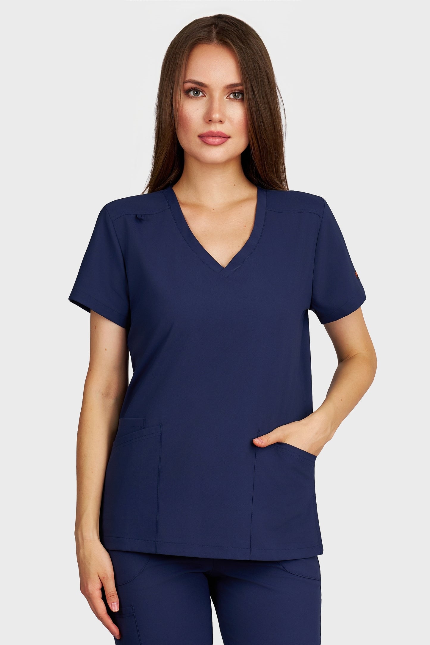 Bluza medicala femei Juliette bleumarin stretch - vedere din fata - AKITEX