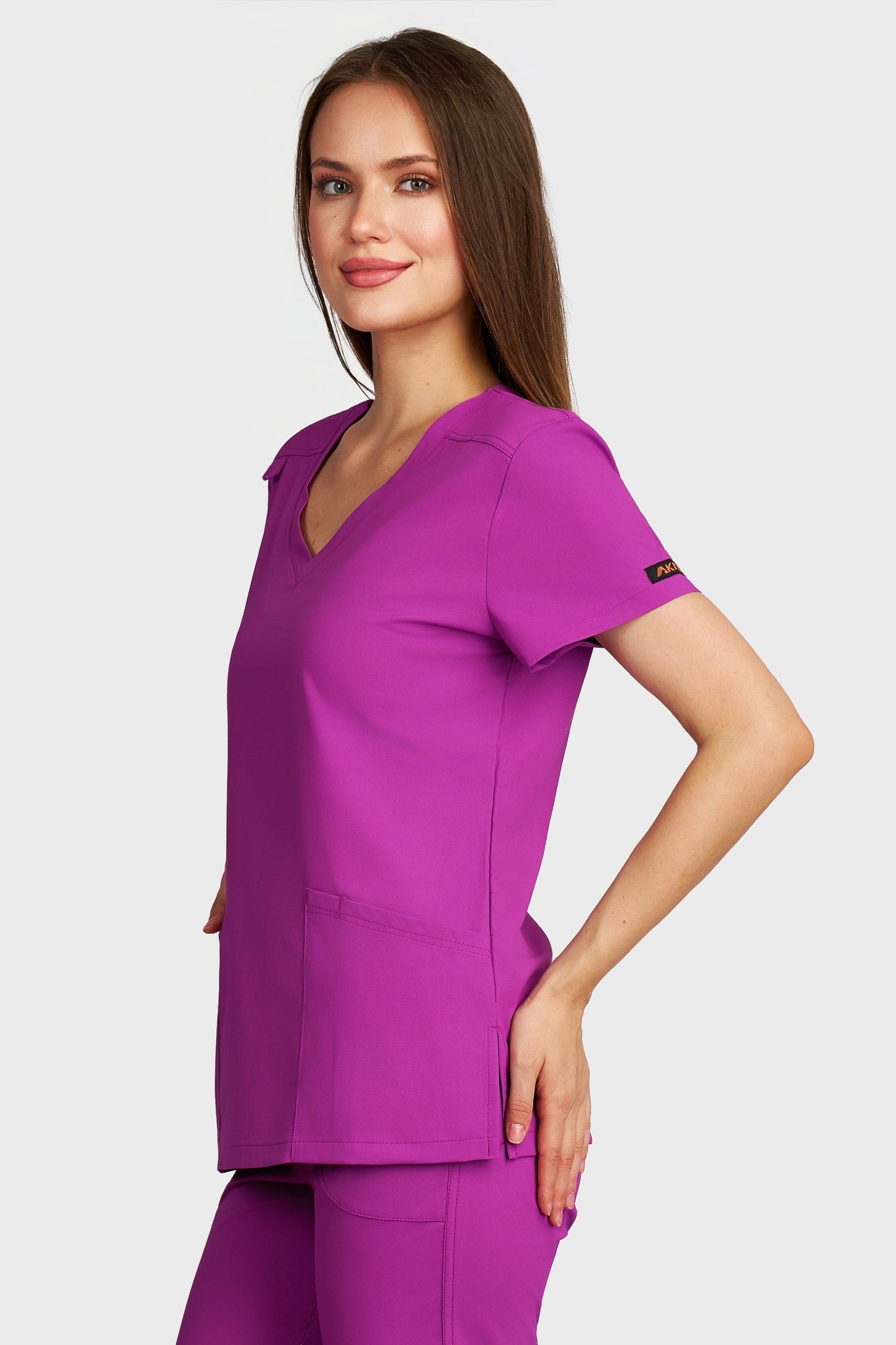 Bluza medicala femei Juliette mov stretch - vedere laterala - AKITEX