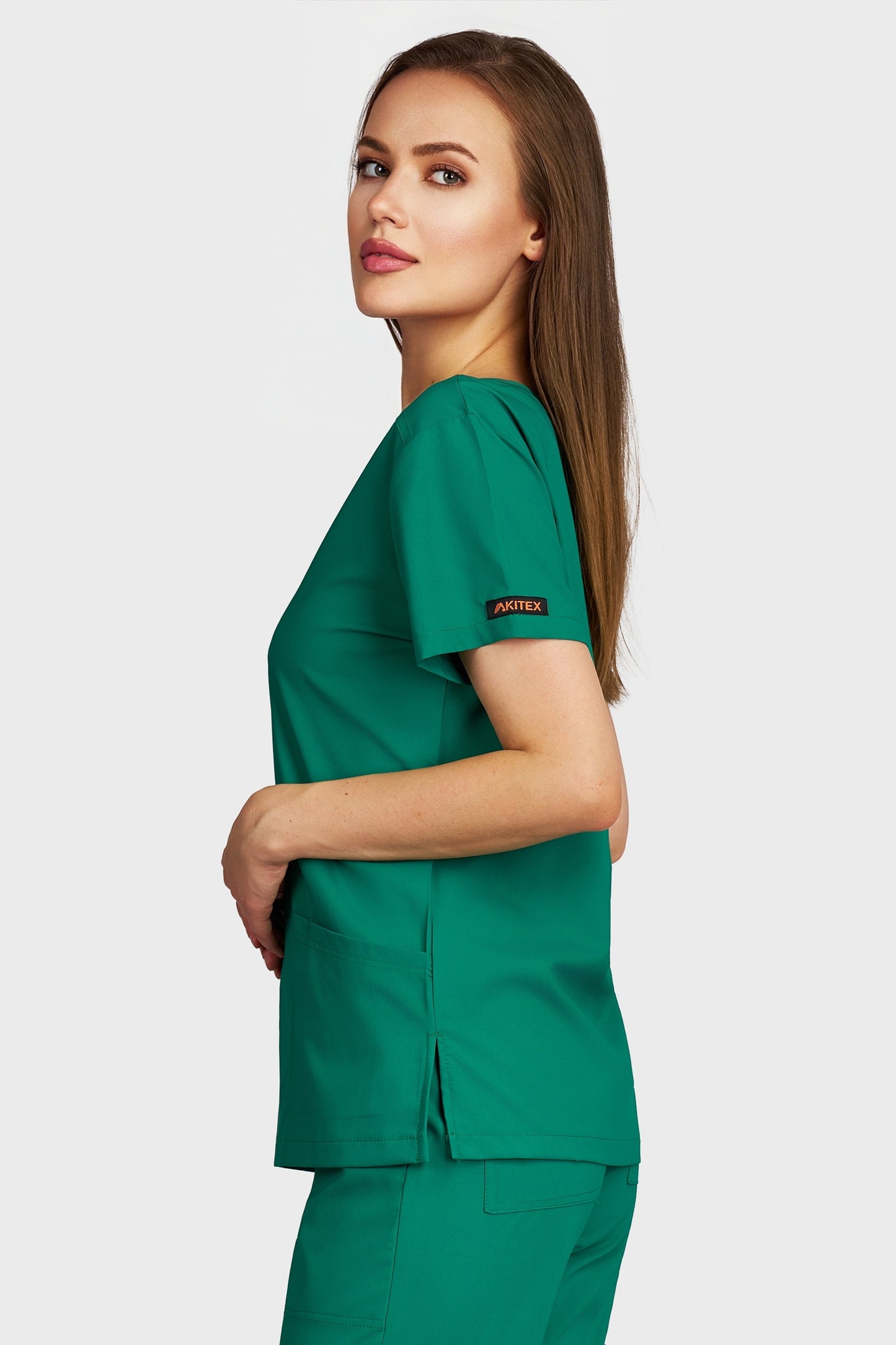 Bluza medicala femei Juliette verde stretch - vedere laterala - AKITEX