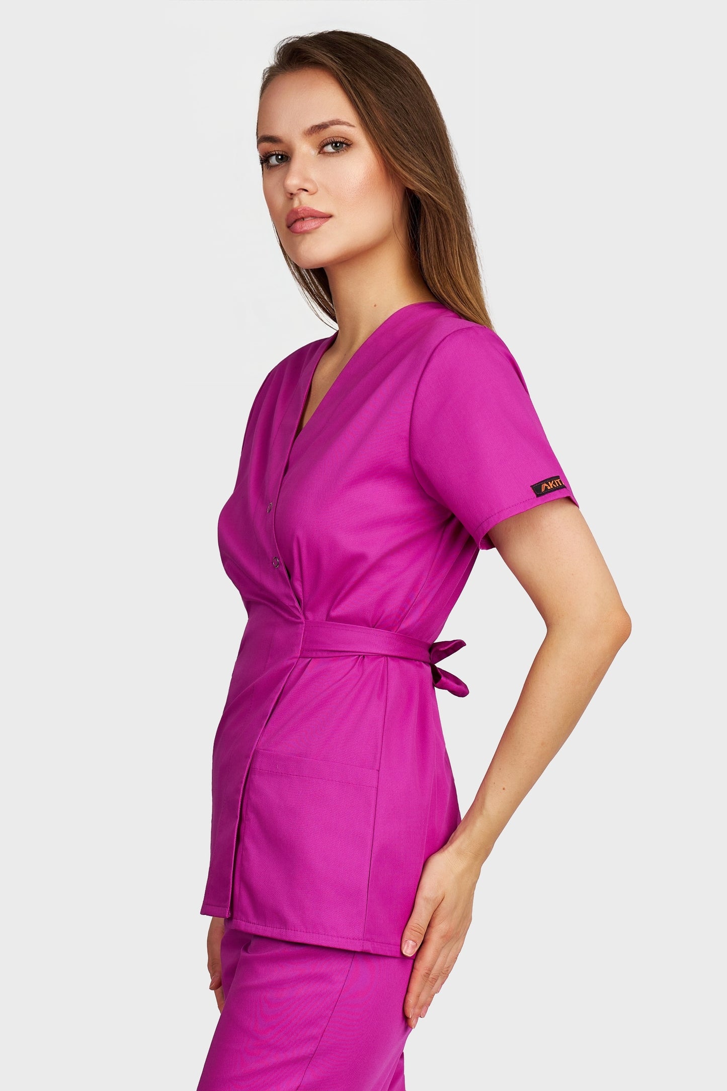 Bluza medicala femei Kimono fucsia - vedere laterala - AKITEX
