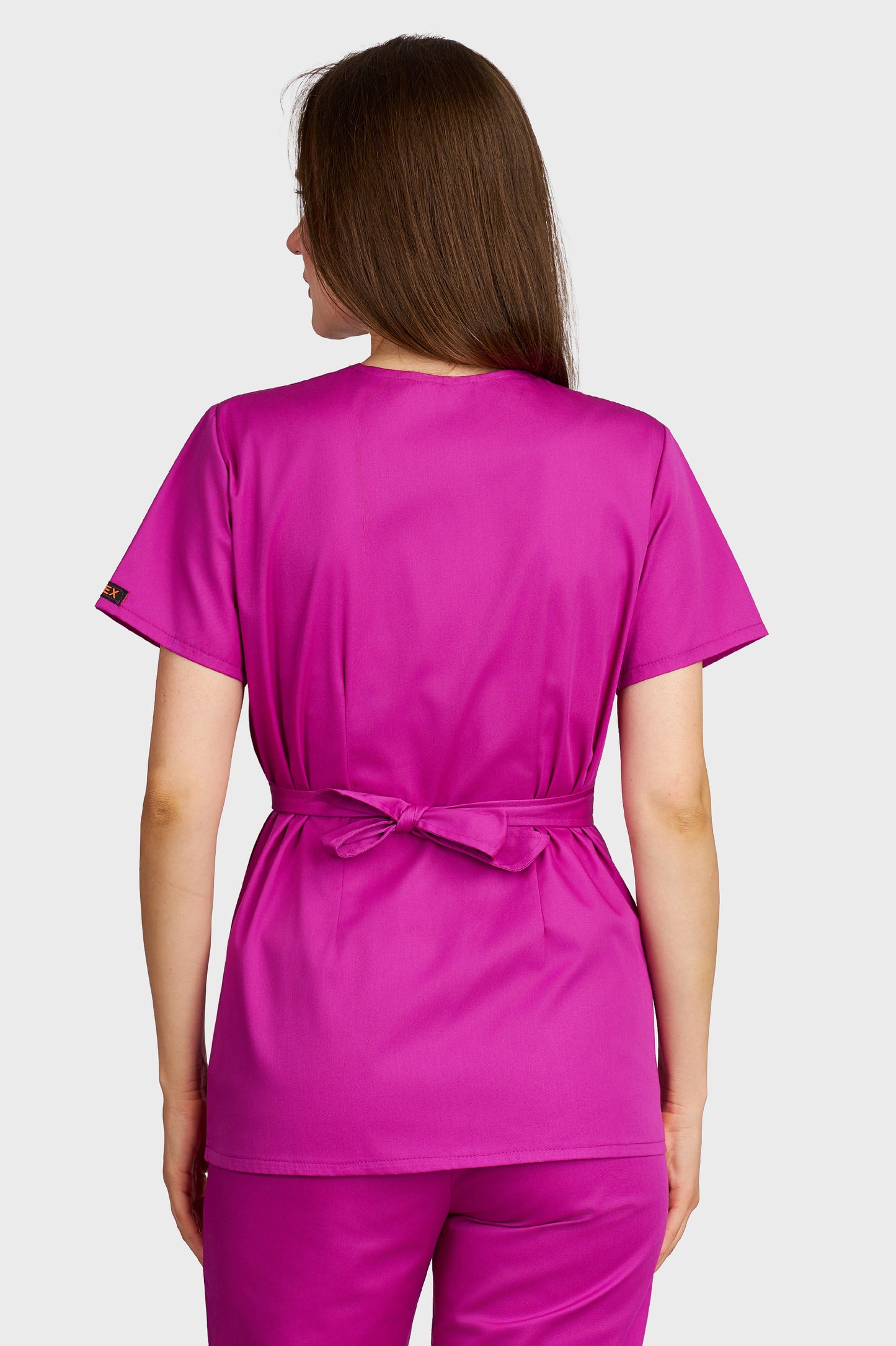 Bluza medicala femei Kimono fucsia - vedere din spate - AKITEX