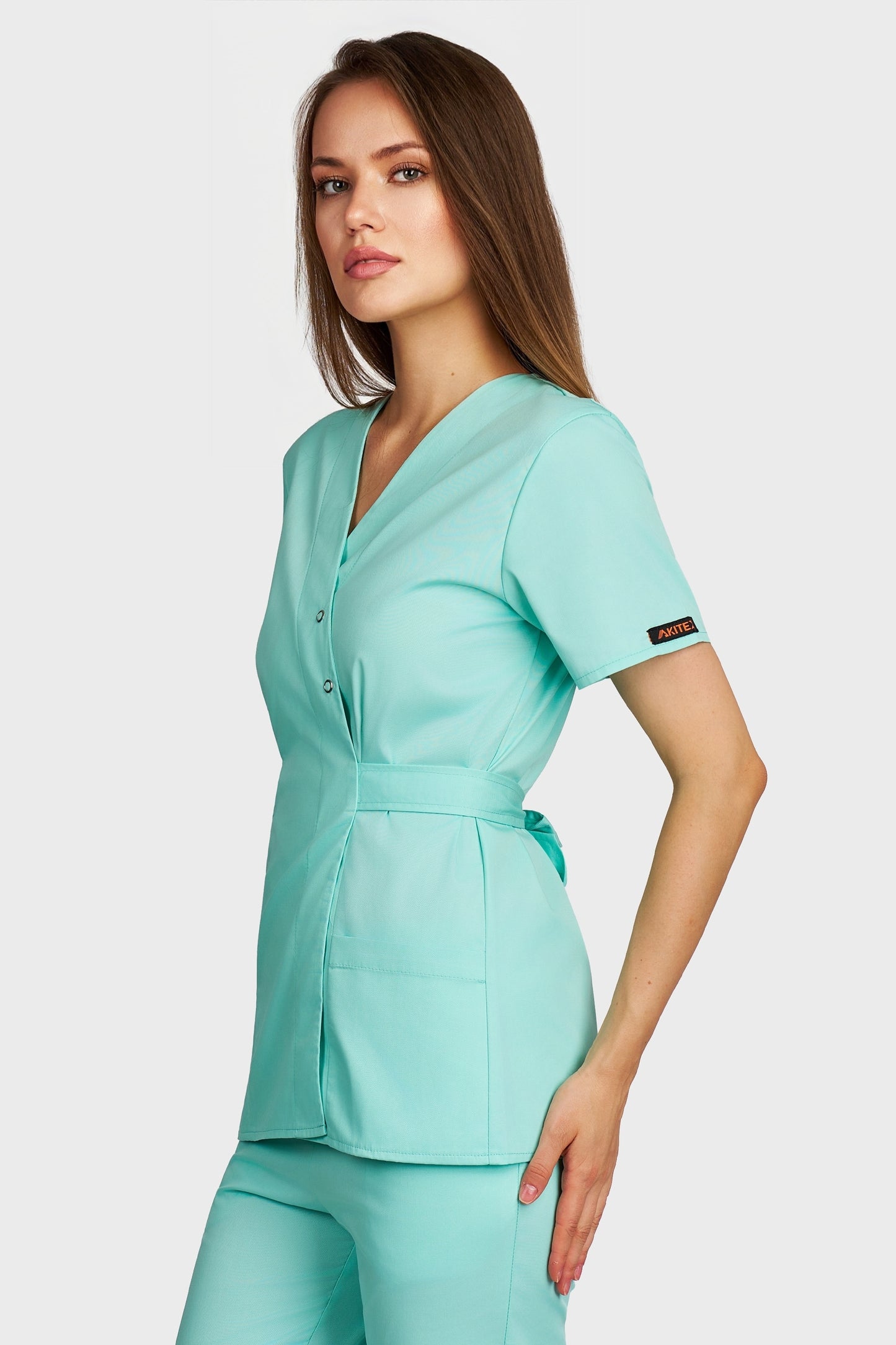 Bluza medicala femei Kimono menta - vedere laterala - AKITEX