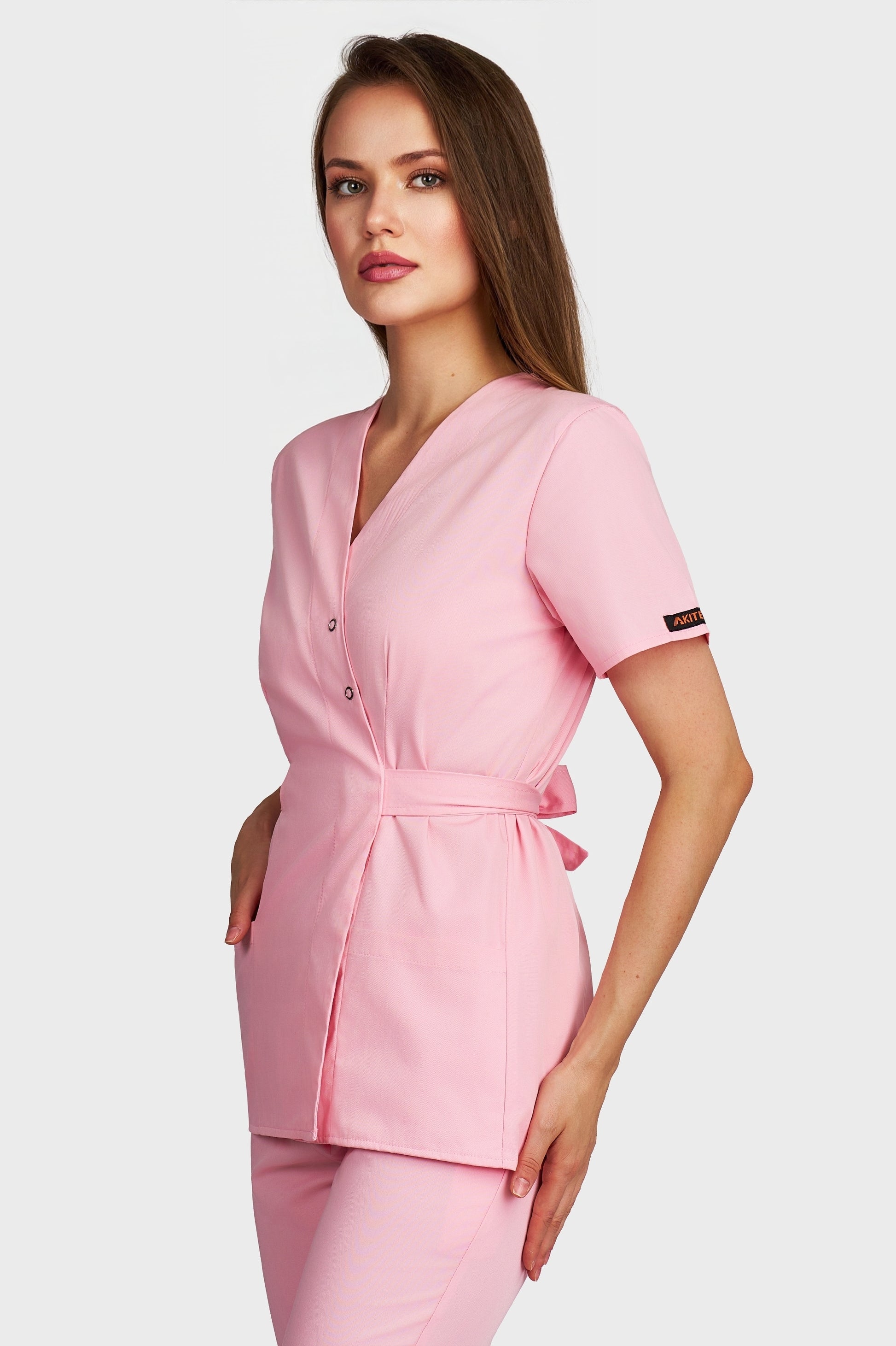 Bluza medicala femei Kimono roz - vedere laterala - AKITEX