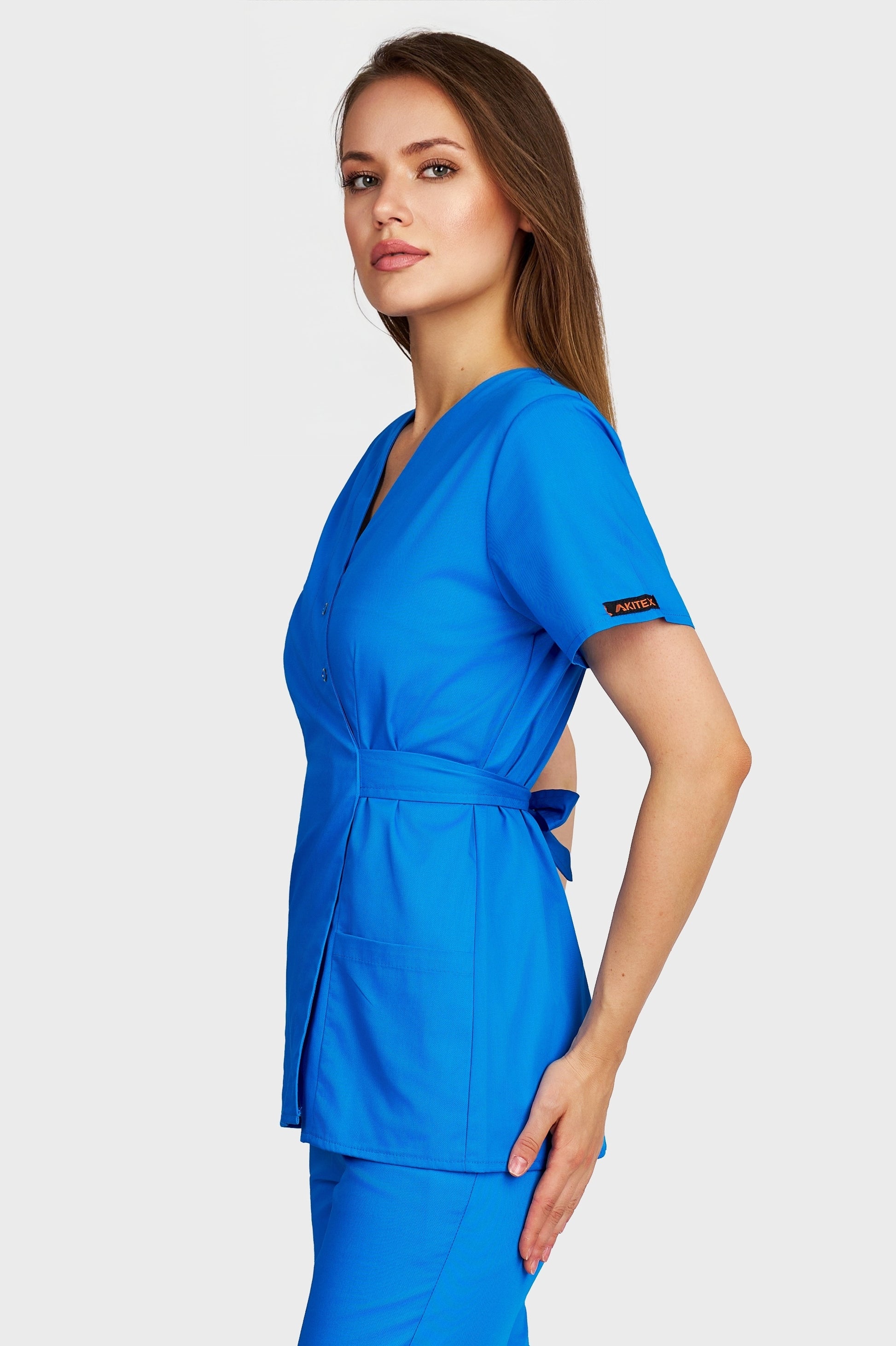 Bluza medicala femei Kimono turcoaz - vedere laterala - AKITEX
