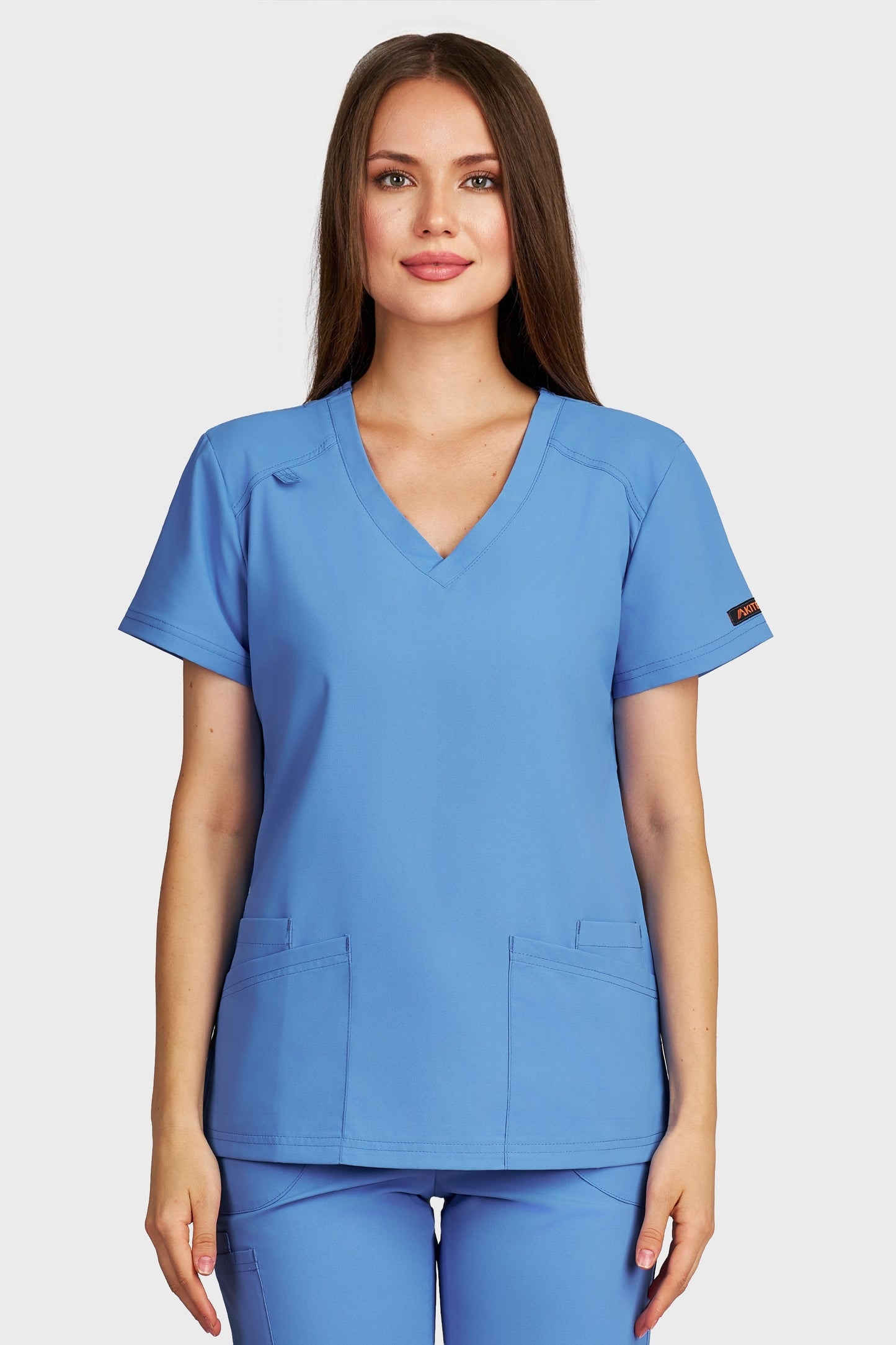 Bluza medicala femei Tosca albastru azur stretch - vedere din fata - AKITEX
