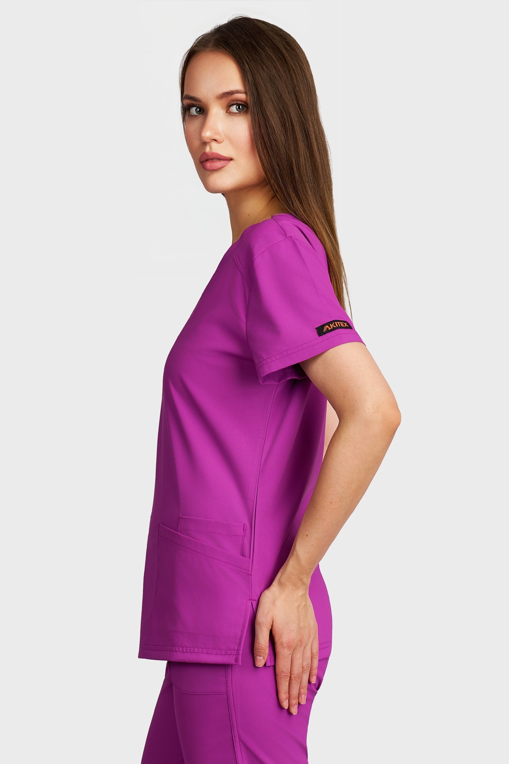 Bluza medicala femei Tosca mov stretch - vedere laterala - AKITEX