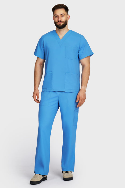 Costum medical barbati albastru azur - bluza medicala cu guler in V si pantaloni cargo, material microstretch antimicrobian, vedere din fata - AKITEX