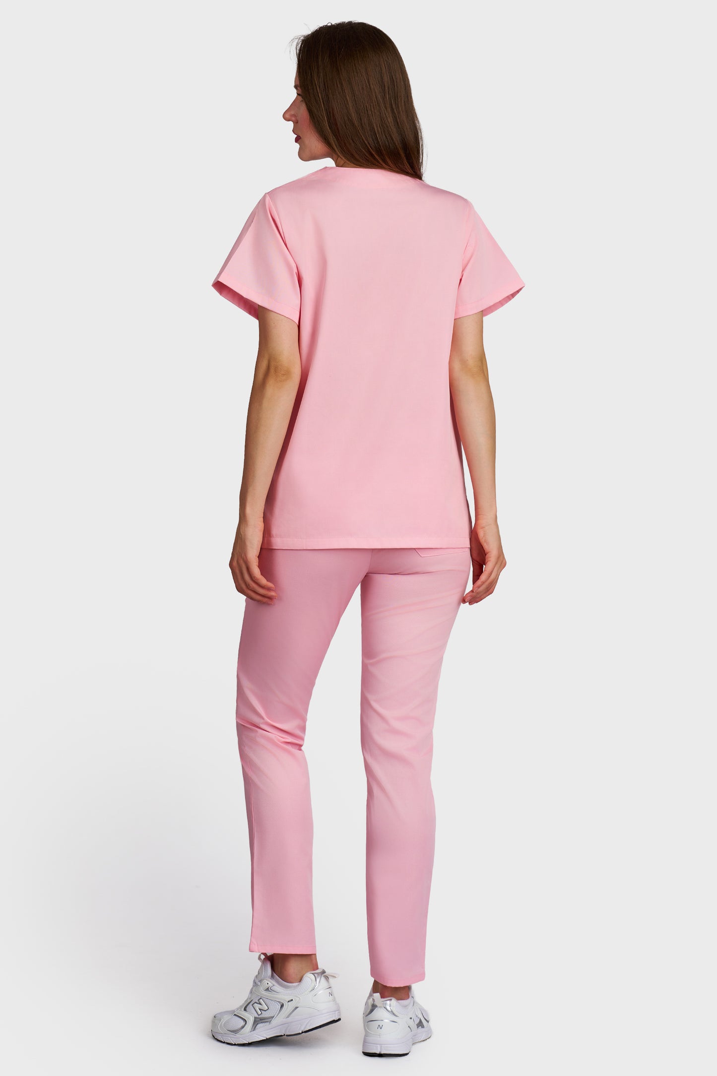 Costum medical femei roz - bluza medicala Frieda si pantaloni cu elastic, vedere din spate - AKITEX