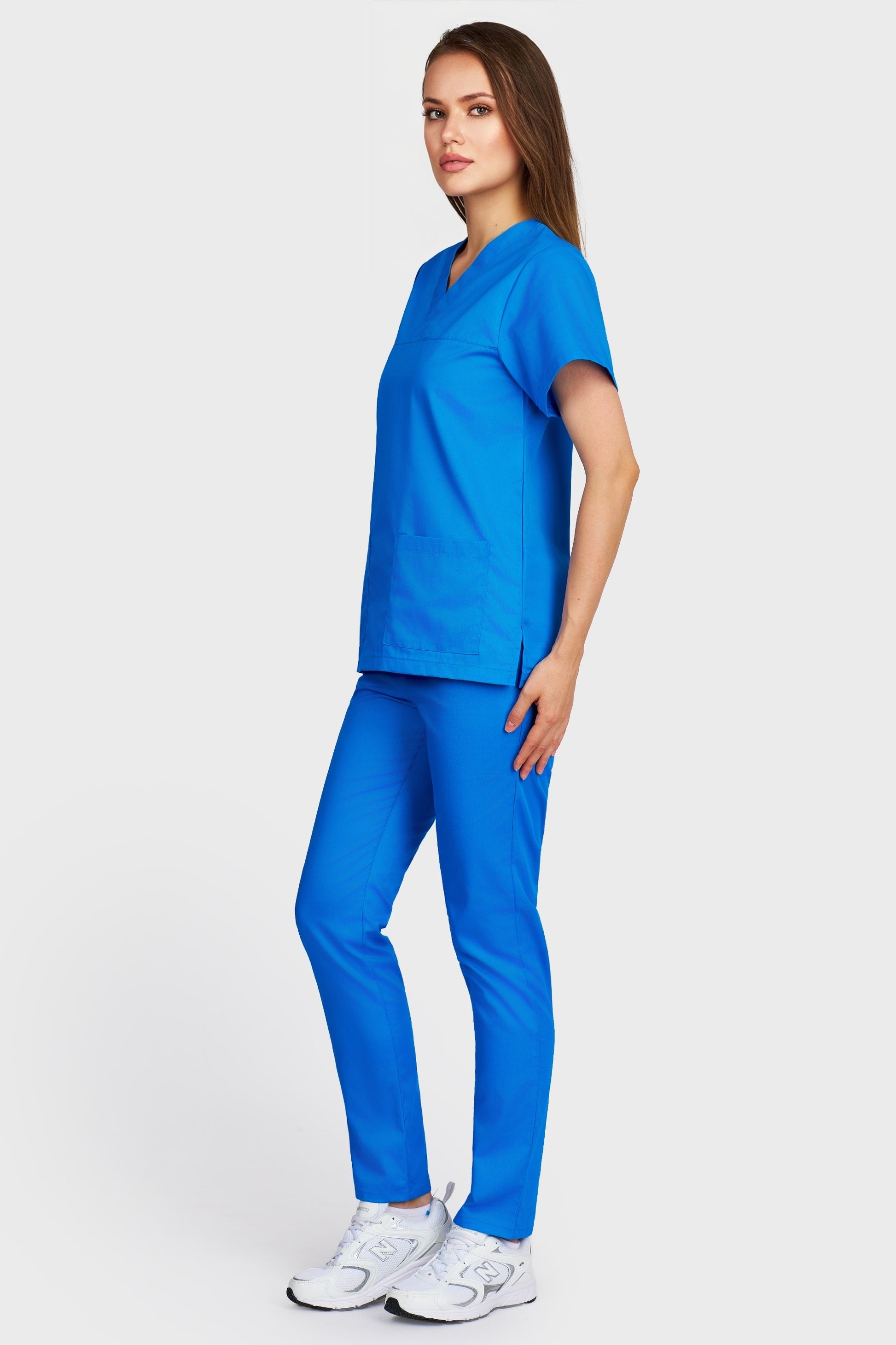 Costum medical femei turquoise - bluza medicala Frieda si pantaloni cu elastic, vedere laterala - AKITEX