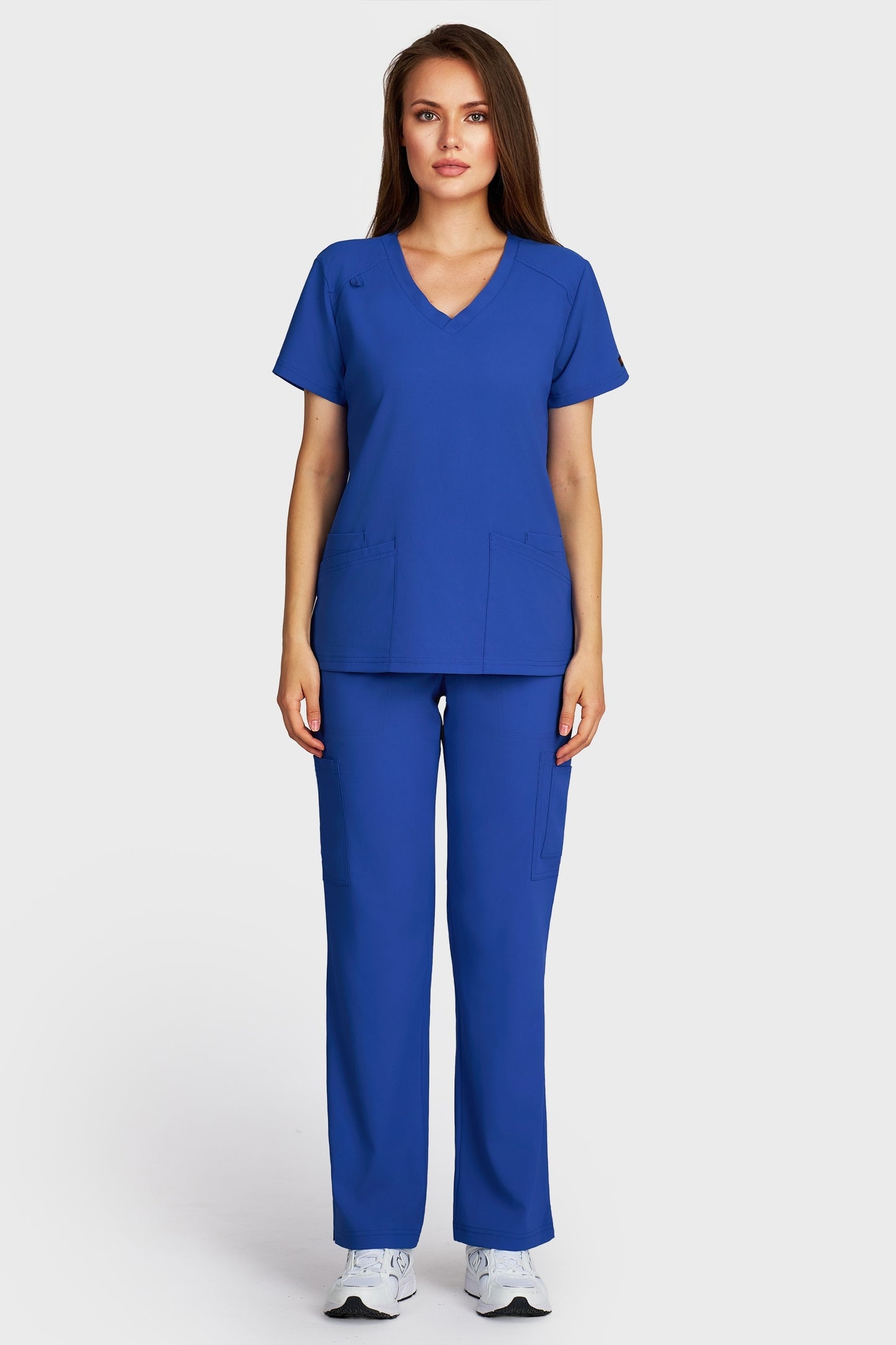 Costum medical femei albastru royal - bluza medicala Tosca si pantaloni Cargo, vedere din fata - AKITEX