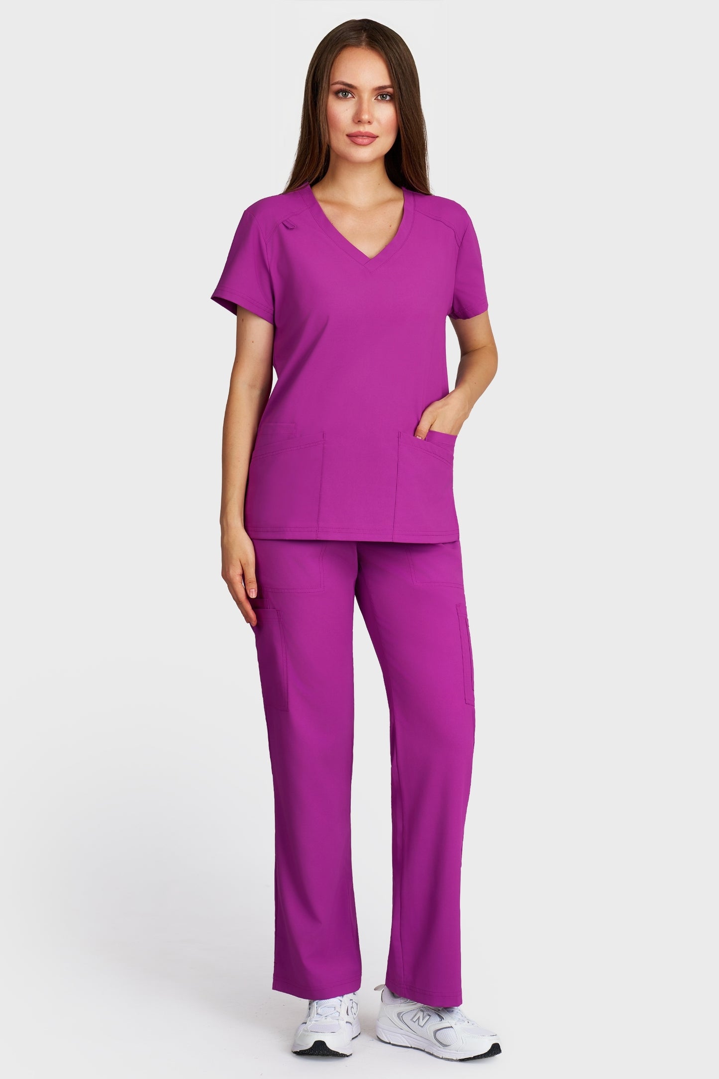 Costum medical femei mov - bluza medicala Tosca si pantaloni Cargo, vedere din fata - AKITEX
